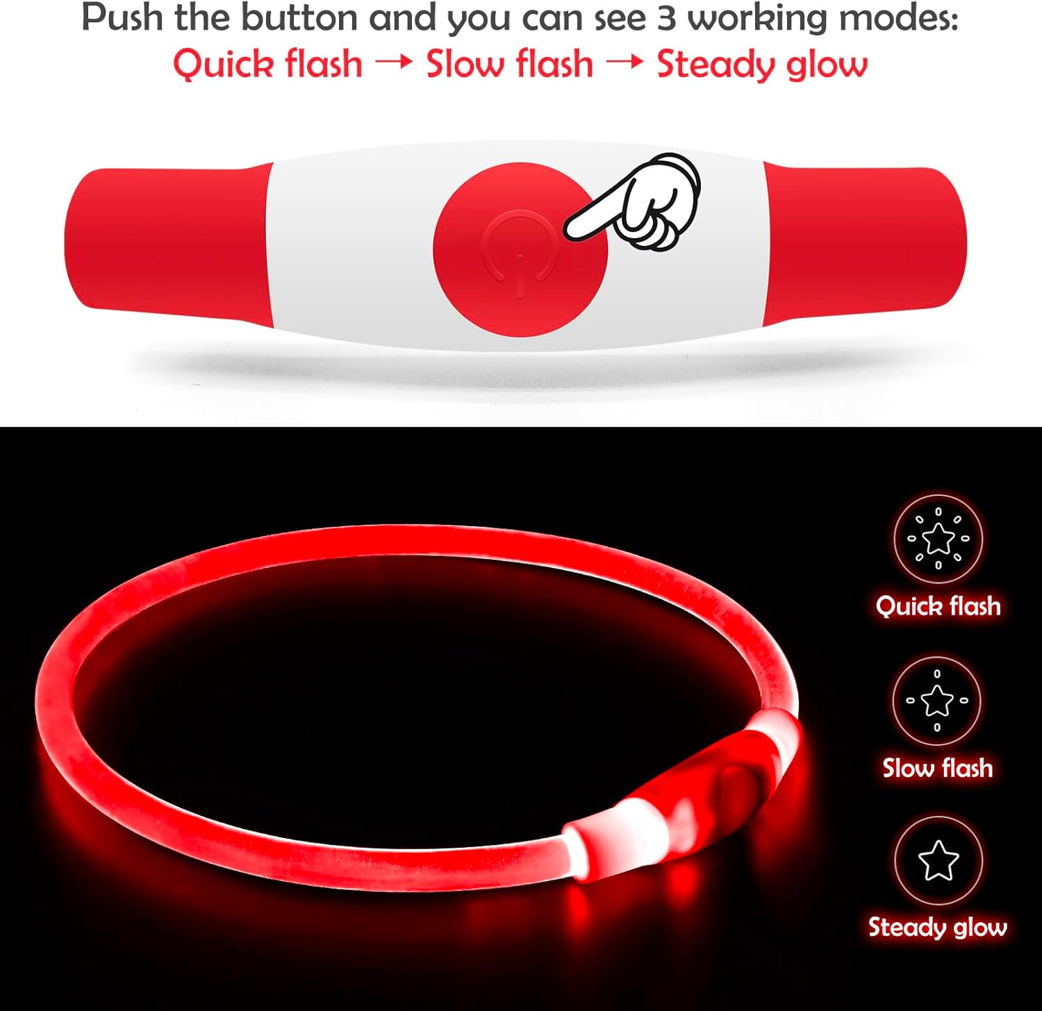 Led Dog Collar, USB Rechargeable Flash Dog Necklace Light, Pet Safety Collar Makes Your Beloved Dogs Be Seen at Night for Small Medium Large Dogs(Red/Blue)