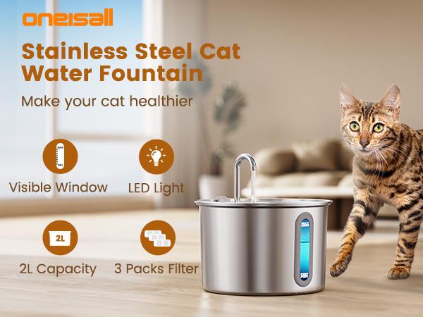 Elevate Your Cat's Hydration with the Oneisall 2L Stainless Steel Water Fountain - Includes 3 Replacement Filters and LED Visual Water Level