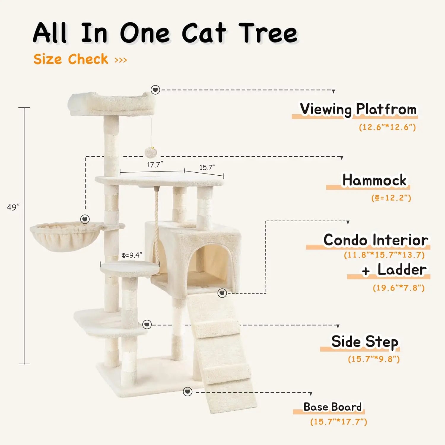 Cat Tree Tower with Scratching Sisal Posts,Hammock,Ladder and Feeding Bowl