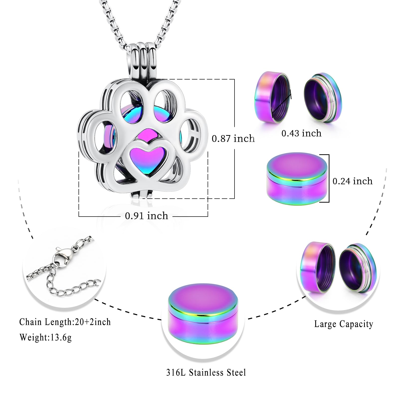 Oinsi Pet Cremation Jewelry For Ashes For Dog/Cat Paw Stainless Steel Memorial Locket Urn Necklace Inside Mini Case Keepsake Cremation Jewelry Women Men