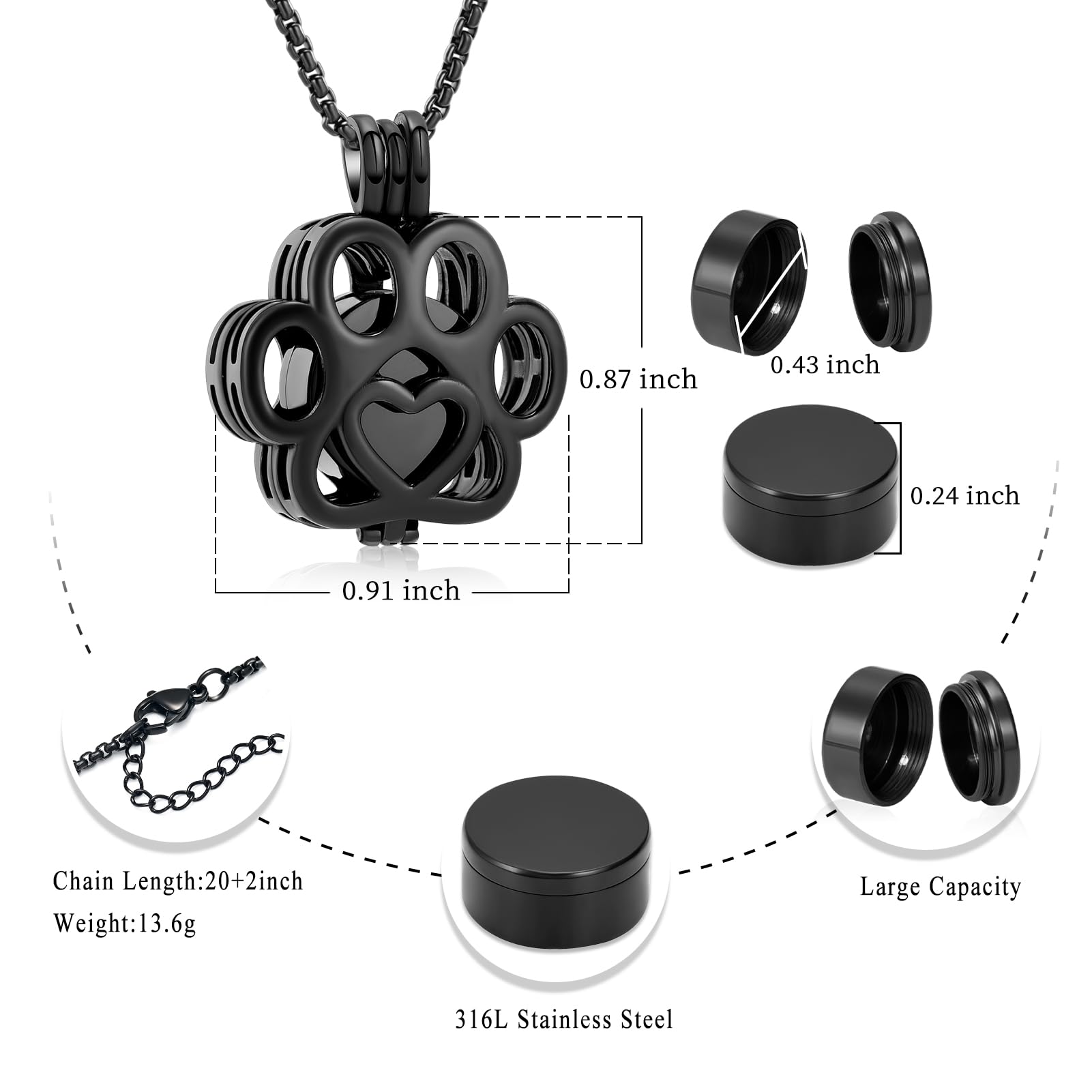 Oinsi Pet Cremation Jewelry For Ashes For Dog/Cat Paw Stainless Steel Memorial Locket Urn Necklace Inside Mini Case Keepsake Cremation Jewelry Women Men