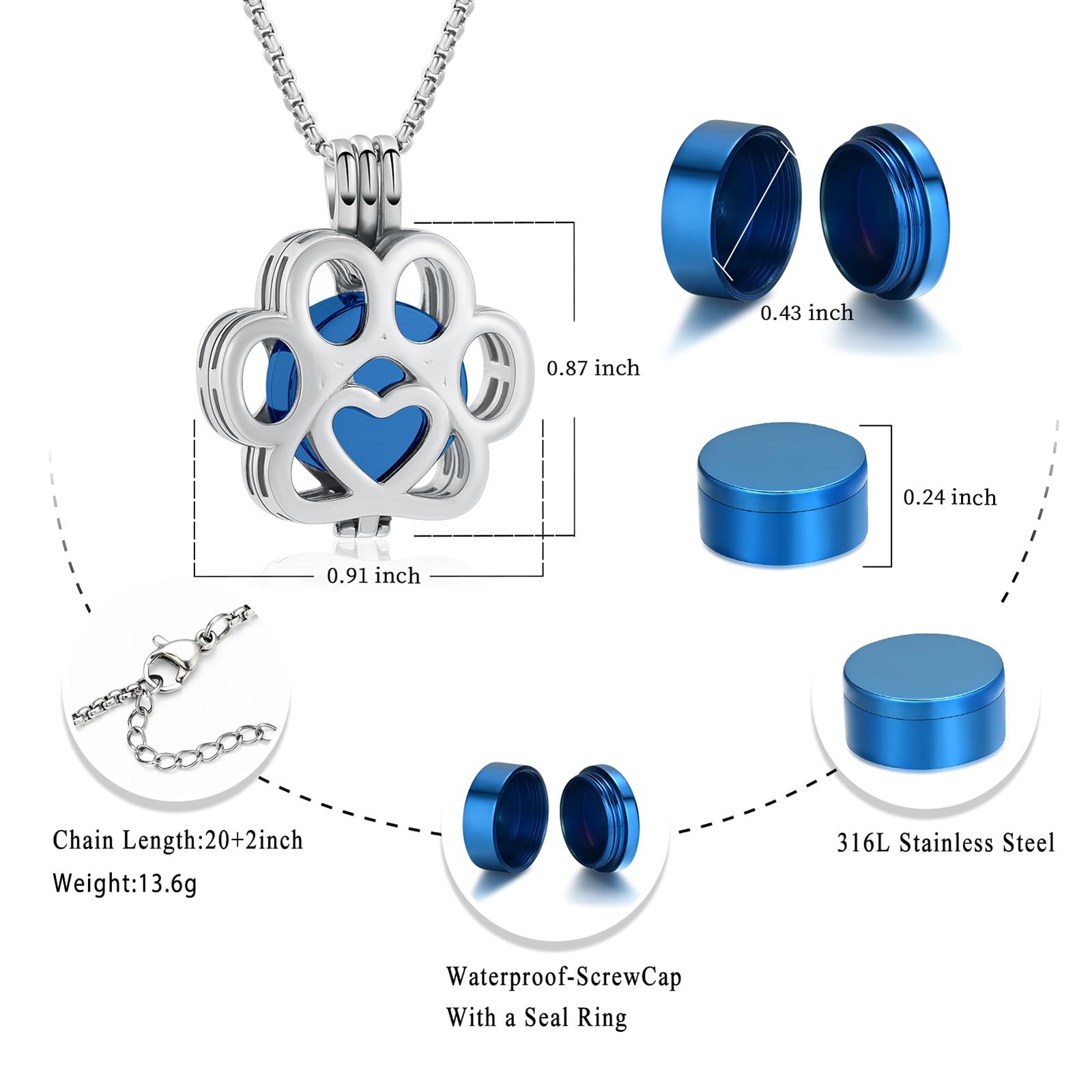 Oinsi Pet Cremation Jewelry For Ashes For Dog/Cat Paw Stainless Steel Memorial Locket Urn Necklace Inside Mini Case Keepsake Cremation Jewelry Women Men