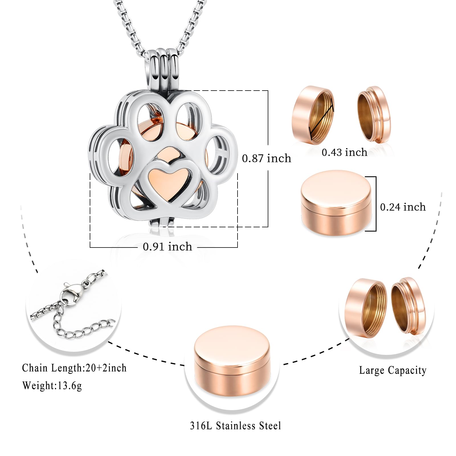 Oinsi Pet Cremation Jewelry For Ashes For Dog/Cat Paw Stainless Steel Memorial Locket Urn Necklace Inside Mini Case Keepsake Cremation Jewelry Women Men