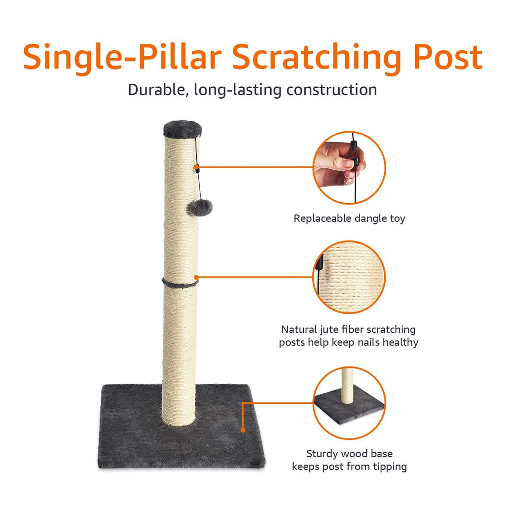 Amazon Basics Sturdy Cat Scratching Post for Indoor Cats & Kittens, Classic Single Post with Sisal Rope, Jute Fiber, Wood Base, Large (35.4"H), Brown