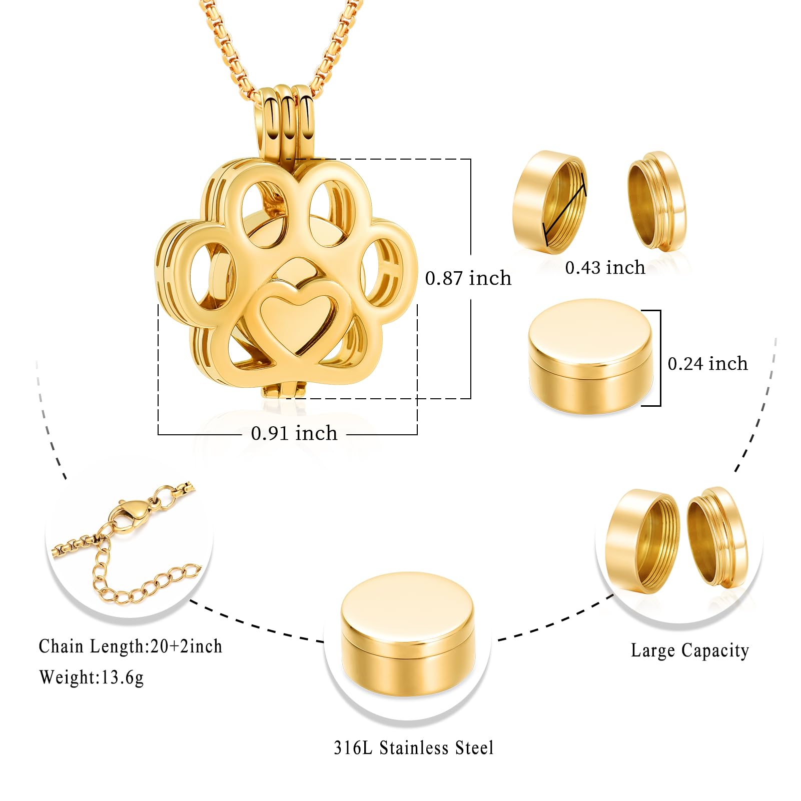 Oinsi Pet Cremation Jewelry For Ashes For Dog/Cat Paw Stainless Steel Memorial Locket Urn Necklace Inside Mini Case Keepsake Cremation Jewelry Women Men