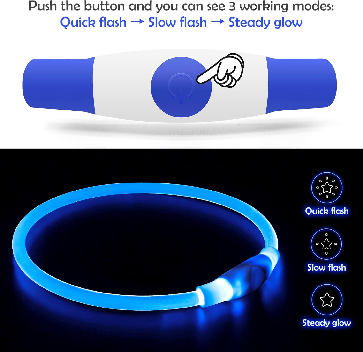 Led Dog Collar, USB Rechargeable Flash Dog Necklace Light, Pet Safety Collar Makes Your Beloved Dogs Be Seen at Night for Small Medium Large Dogs(Red/Blue)
