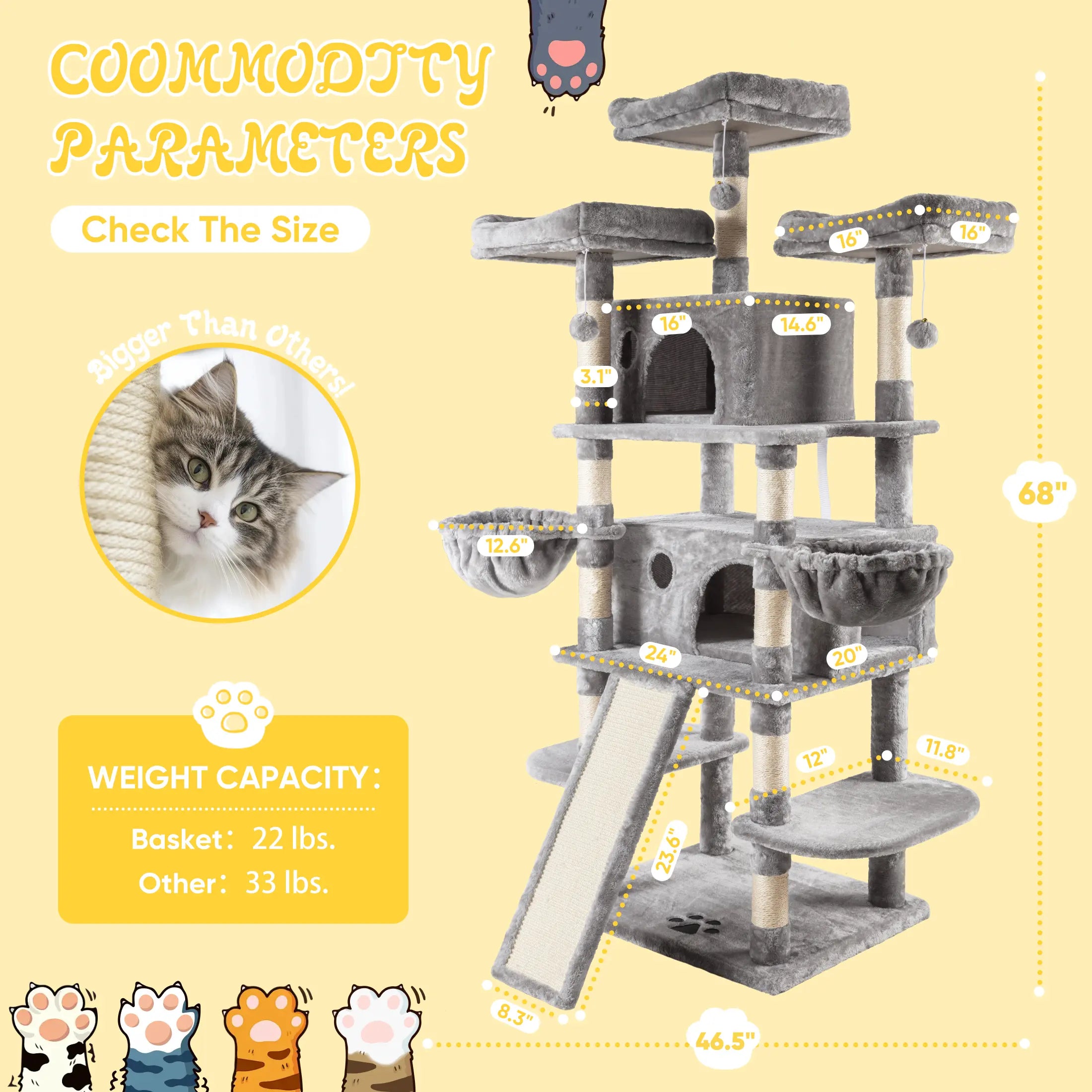 SHA CERLIN 81In/67In Multi-Level Tall Cat Tree Tower with Hammock & Sisal Scratching Posts Larger Cat Condo Furniture for Multi-Cat Play & Rest #Christmasgifts#Tiktokshopblackfriday