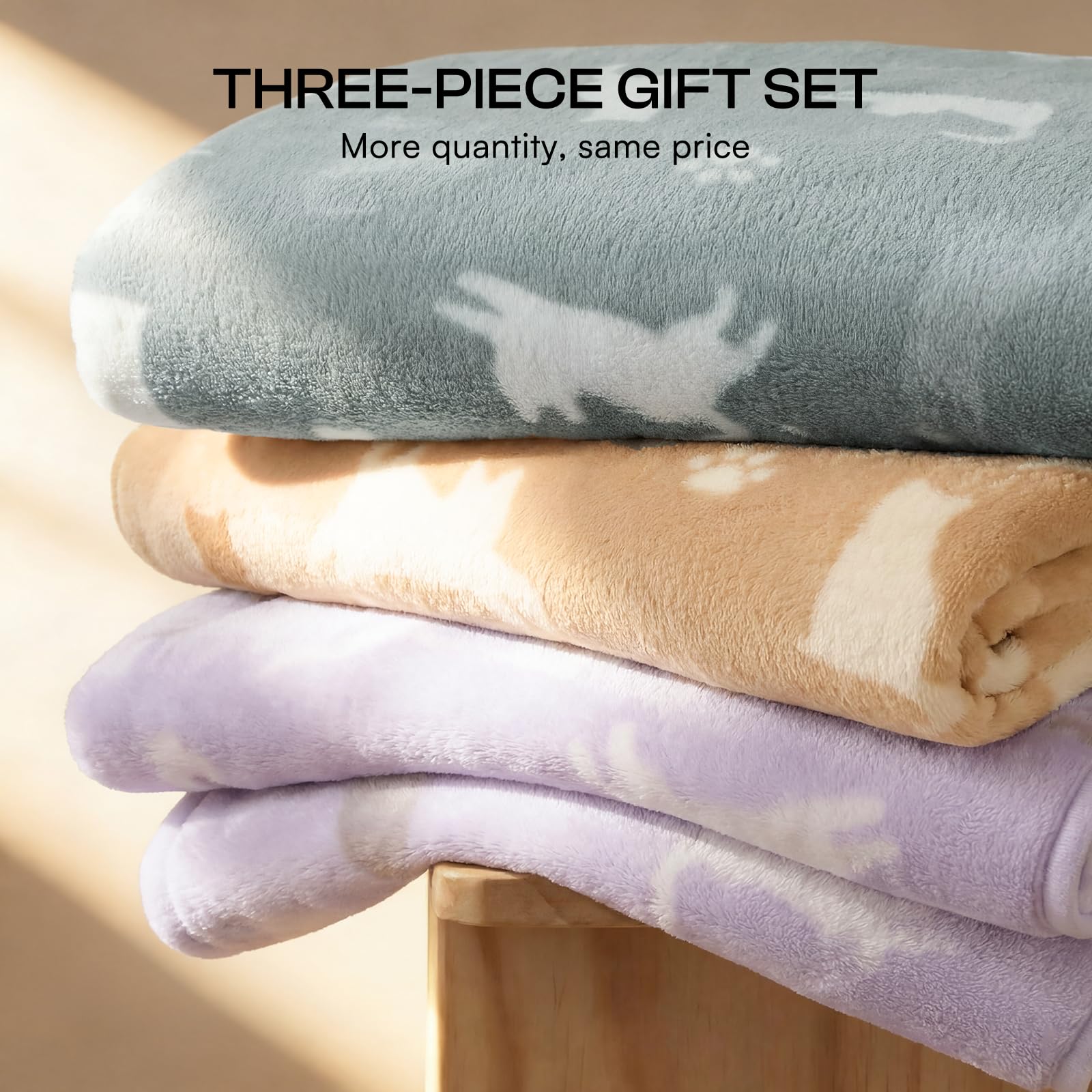 Luciphia 1 Pack 3 Cat Printed Fleece Pet Blankets Washable，Soft Warm Throw Covers for Crate Couch Bed，Cozy Puppy Essentials for Dogs and Cats，Purple/Grey/Khaki, Small (23x16 inch)