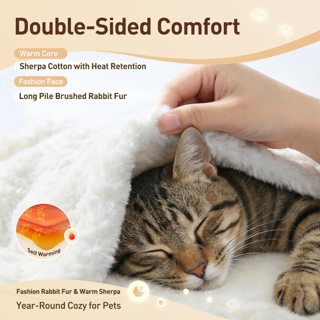 Cat Blanket for Indoor Cats - Ultra Thick 460GSM Faux Rabbit Fur & 260GSM Sherpa, Small Pet Throw for Carrier, Crate & Couch Protection, Soft Thermal Kitten Bedding, 21"x18" Grey