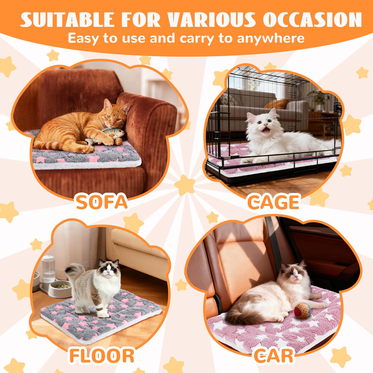 4 Pcs Self Warming Cat Bed, Self Heating Pet Mat for Kitten & Puppy, Soft Calming Cat Bed Mat Reflects Body Heat Warm Washable Pet Pad for Crates, Floors, Indoor, Outdoor(12.6×10 Inch)
