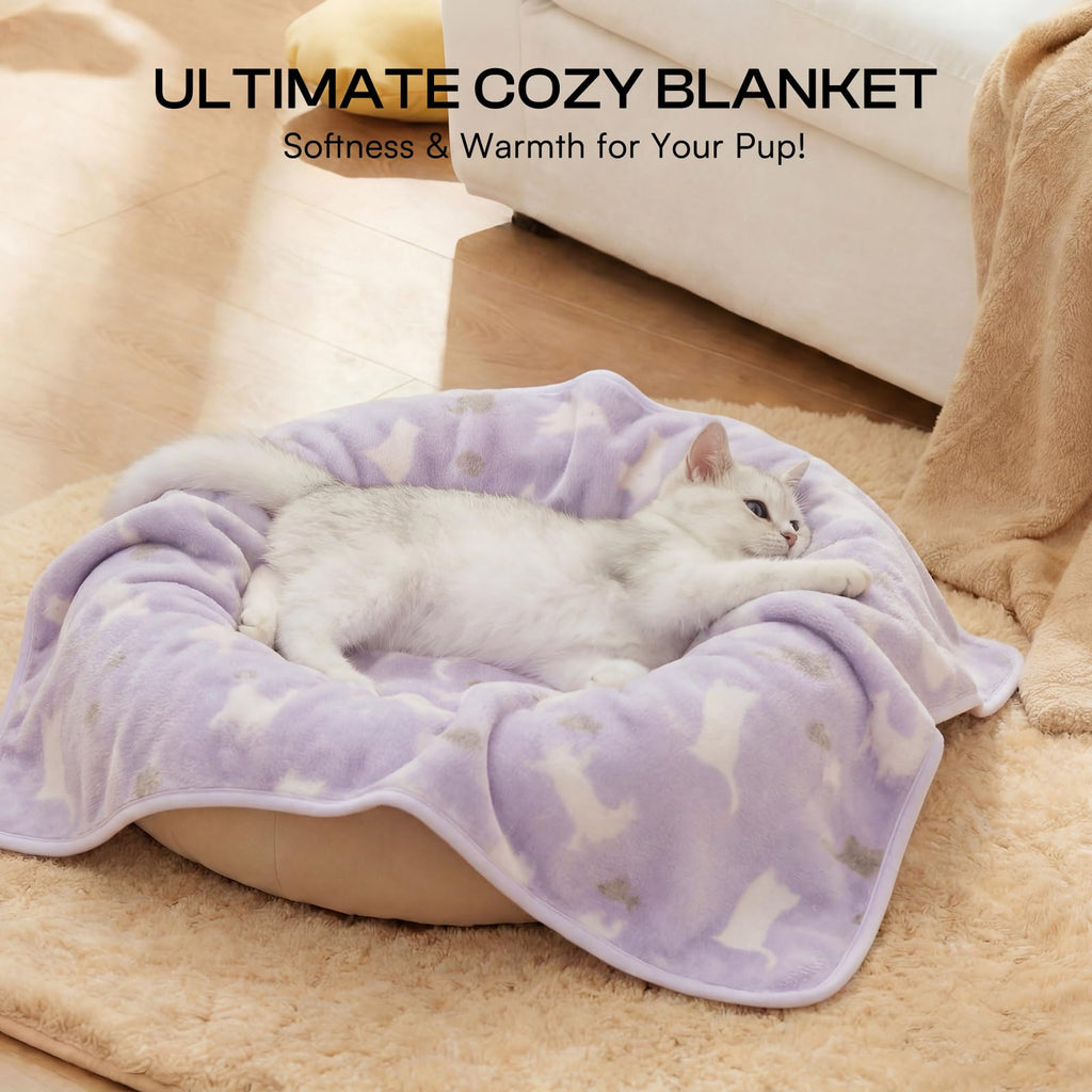 Luciphia 1 Pack 3 Cat Printed Fleece Pet Blankets Washable，Soft Warm Throw Covers for Crate Couch Bed，Cozy Puppy Essentials for Dogs and Cats，Purple/Grey/Khaki, Small (23x16 inch)