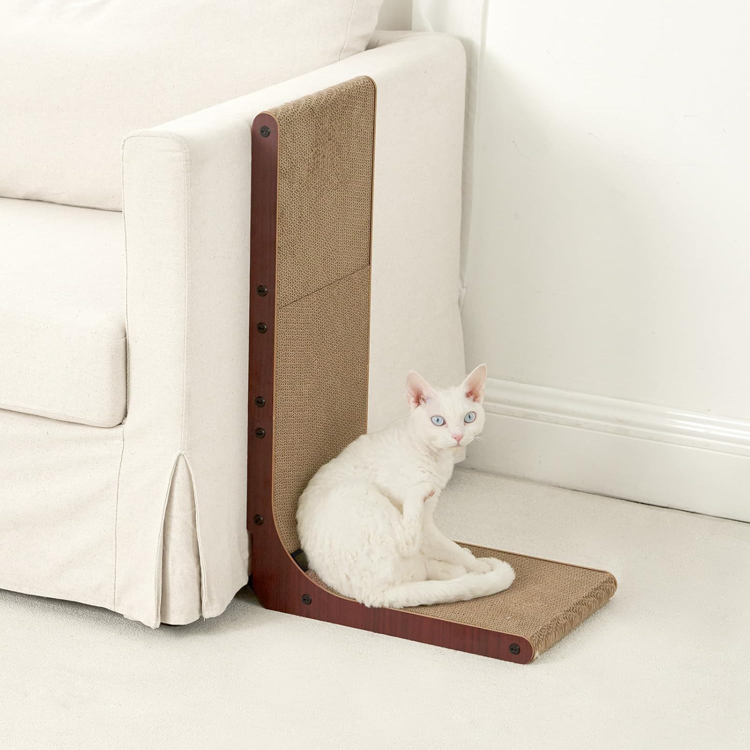 EHEYCIGA Cardboard Cat Scratcher for Indoor Cats, 26.8 Inch L Shaped Vertical Cat Scratching Board with Ball Cat Toy, Large Cat Scratcher Pad, Brown