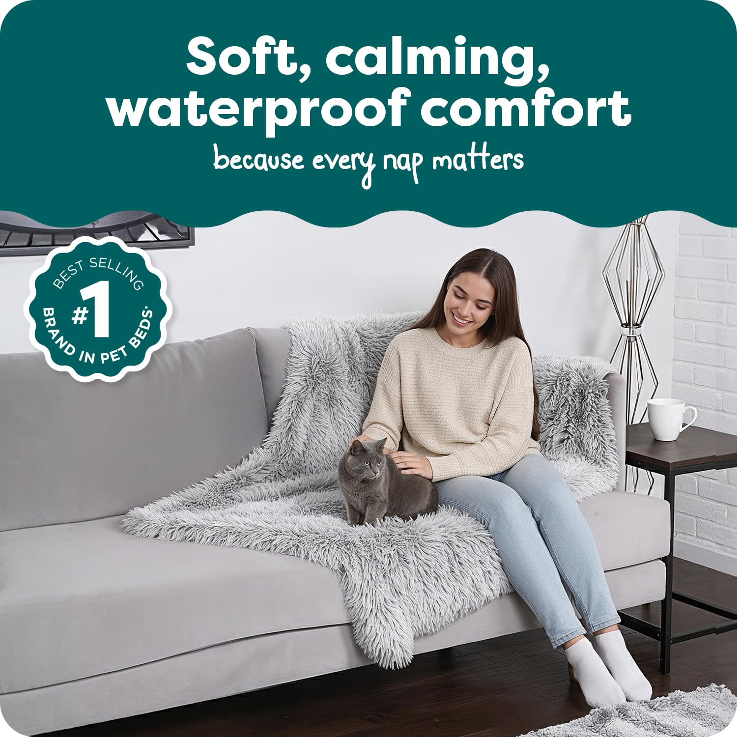 FurHaven Waterproof Throw Blanket for Dogs & Indoor Cats, Reversible Protective Pet Blanket, Extra Large, Long Faux Fur & Velvet, Driftwood