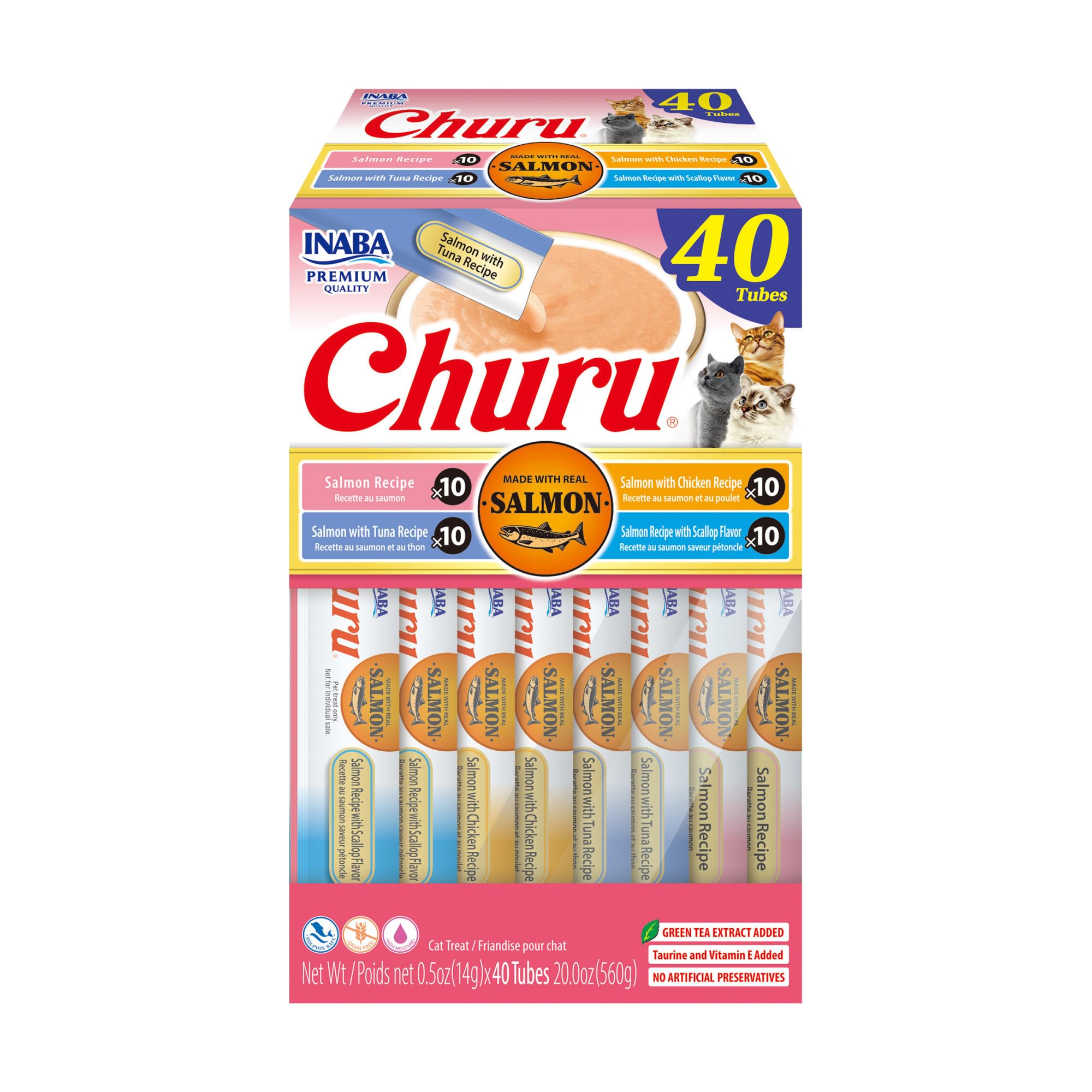 INABA Churu Cat Treats, Grain-Free, Lickable, Squeezable Creamy Purée Cat Treat/Topper with Vitamin E & Taurine, 0.5 Ounces Each Tube, 50 Tubes, Tuna & Chicken Variety