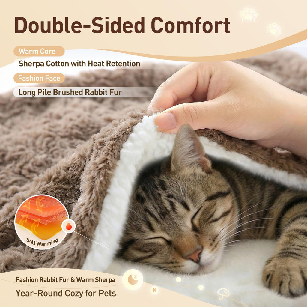 Cat Blanket for Indoor Cats - Ultra Thick 460GSM Faux Rabbit Fur & 260GSM Sherpa, Small Pet Throw for Carrier, Crate & Couch Protection, Soft Thermal Kitten Bedding, 21"x18" Grey