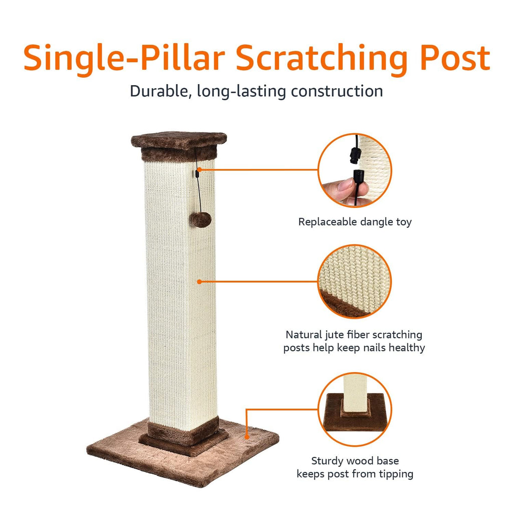 Amazon Basics Sturdy Cat Scratching Post for Indoor Cats & Kittens, Classic Single Post with Sisal Rope, Jute Fiber, Wood Base, Large (35.4"H), Brown