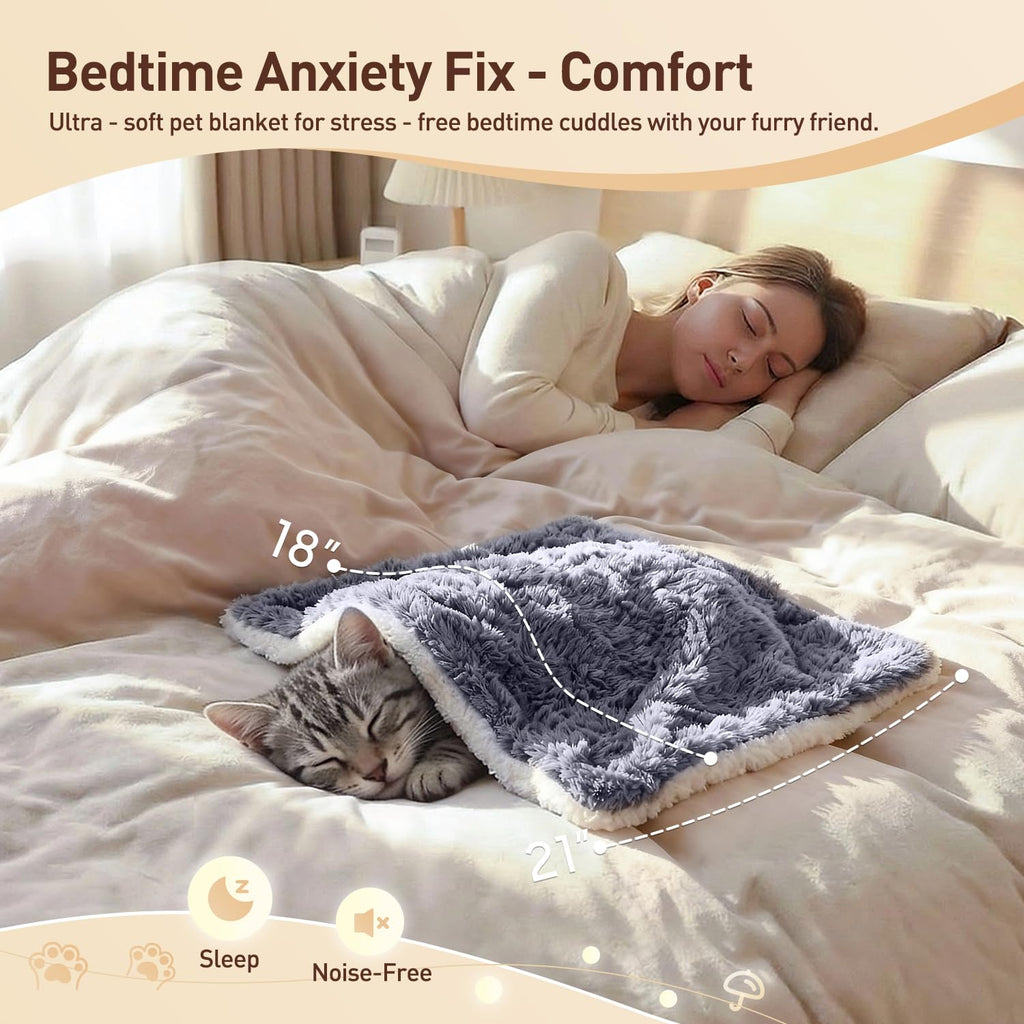 Cat Blanket for Indoor Cats - Ultra Thick 460GSM Faux Rabbit Fur & 260GSM Sherpa, Small Pet Throw for Carrier, Crate & Couch Protection, Soft Thermal Kitten Bedding, 21"x18" Grey