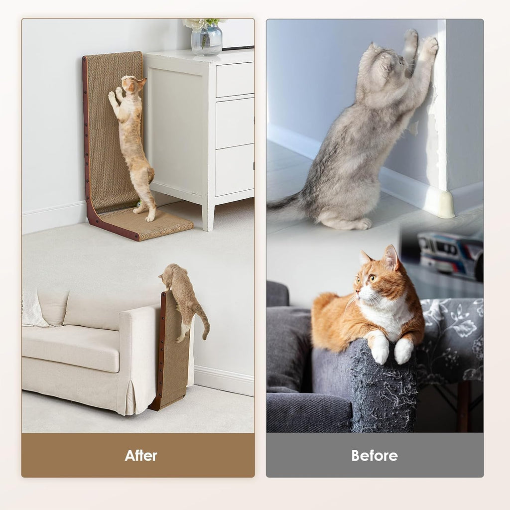 EHEYCIGA Cardboard Cat Scratcher for Indoor Cats, 26.8 Inch L Shaped Vertical Cat Scratching Board with Ball Cat Toy, Large Cat Scratcher Pad, Brown