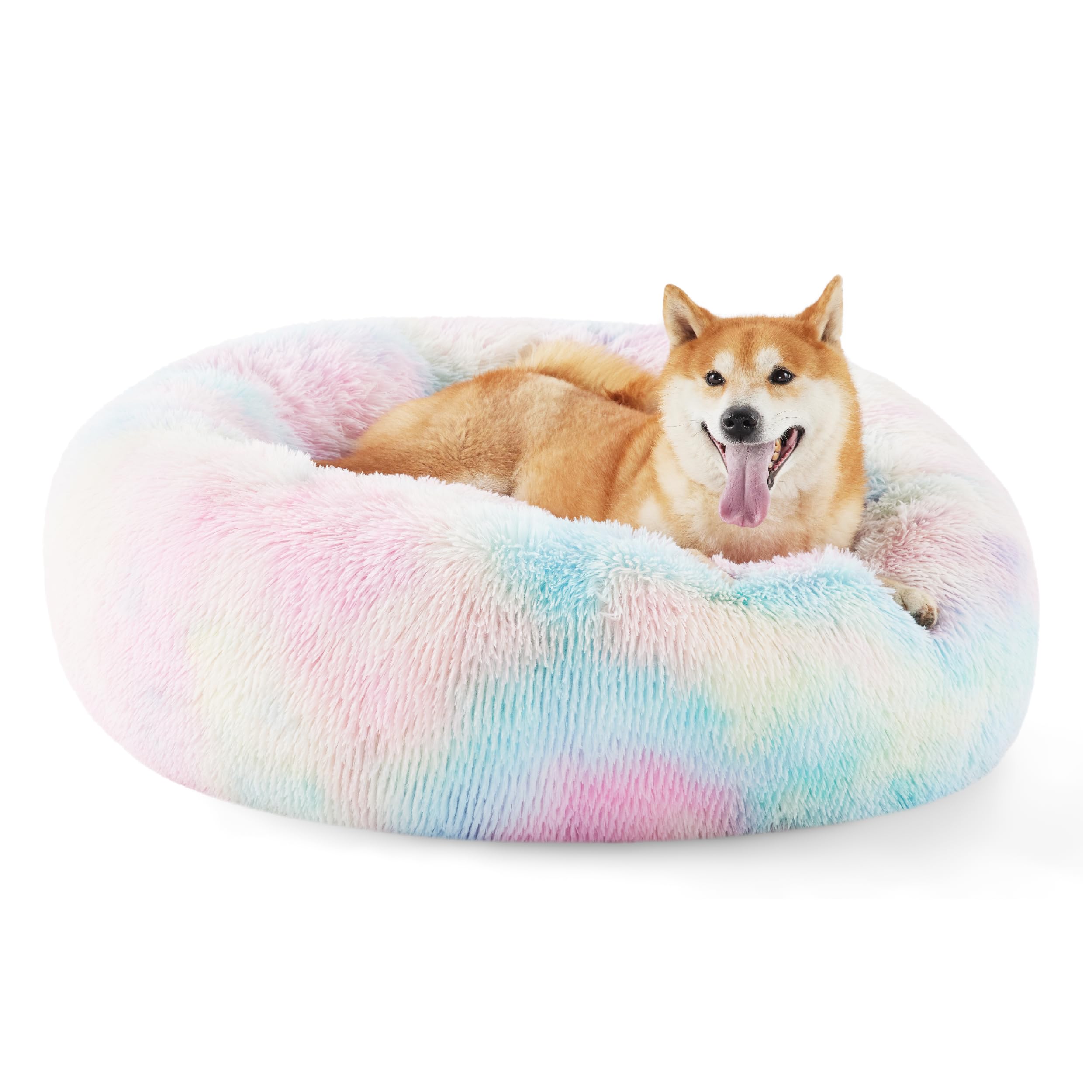 Bedsure Calming Dog Bed for Small Dogs - Donut Washable Small Puppy Bed, 23 inches Anti-Slip Round Fluffy Plush Faux Fur Large Cat Bed, Fits up to 25 lbs Pets, Camel