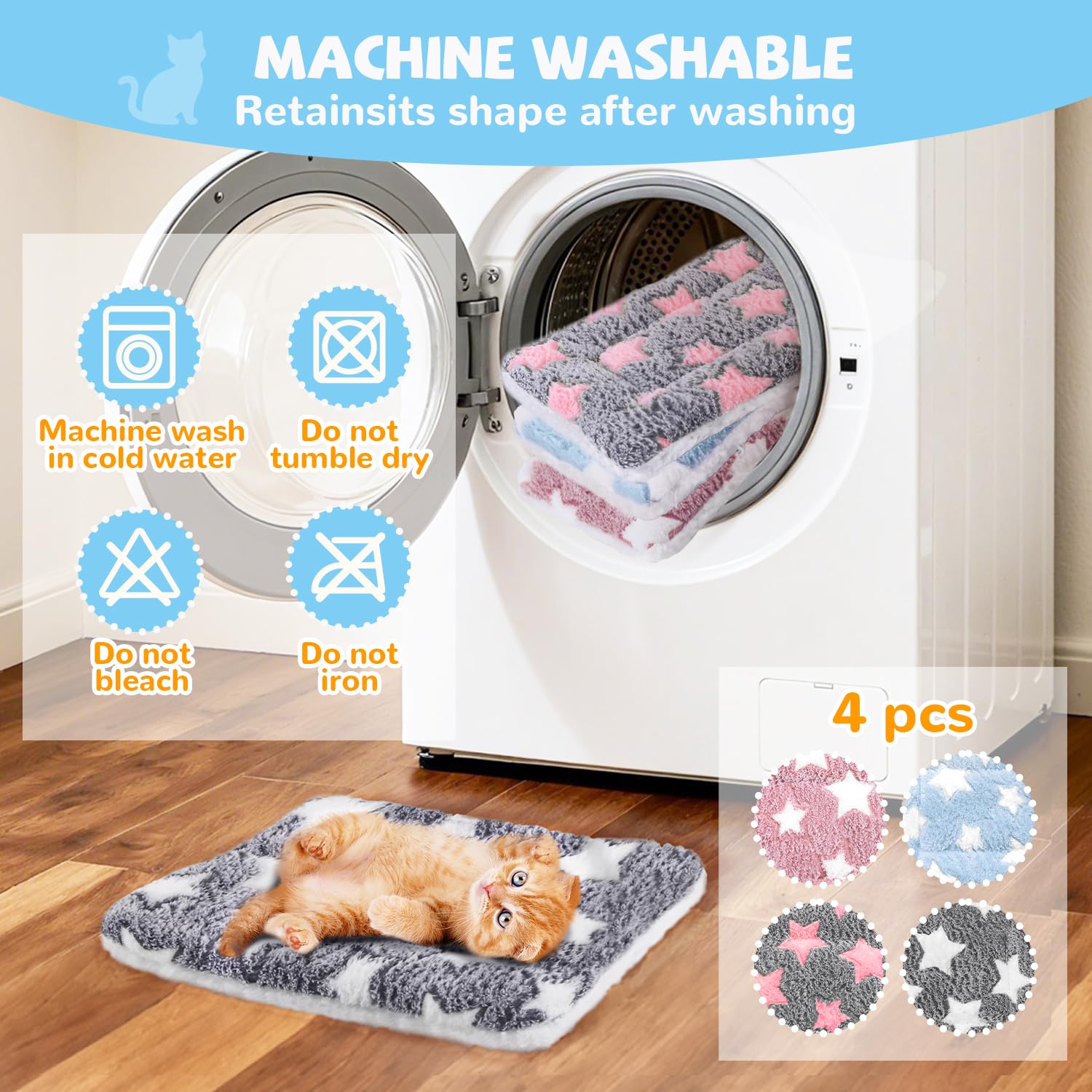 4 Pcs Self Warming Cat Bed, Self Heating Pet Mat for Kitten & Puppy, Soft Calming Cat Bed Mat Reflects Body Heat Warm Washable Pet Pad for Crates, Floors, Indoor, Outdoor(12.6×10 Inch)