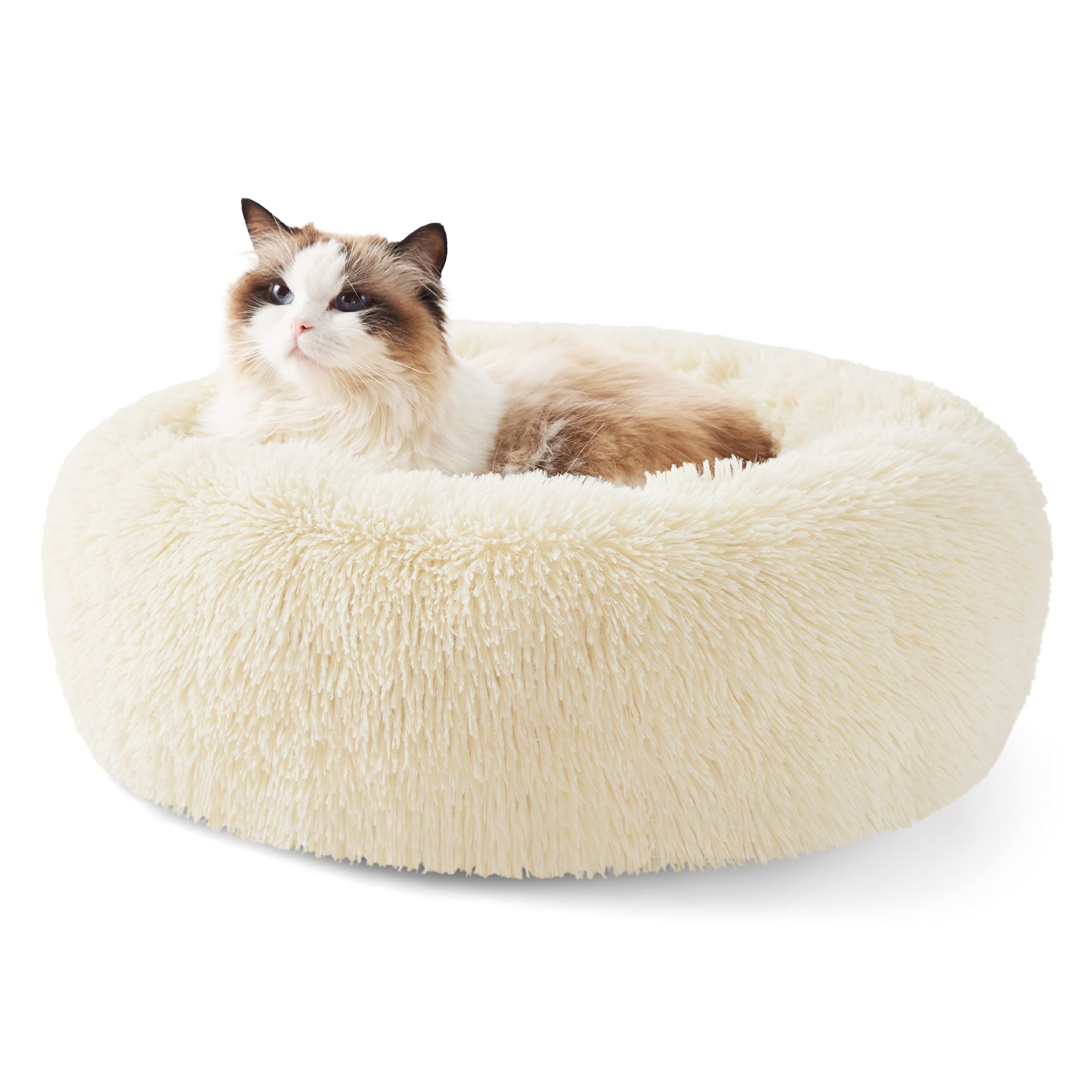 Bedsure Calming Dog Bed for Small Dogs - Donut Washable Small Puppy Bed, 23 inches Anti-Slip Round Fluffy Plush Faux Fur Large Cat Bed, Fits up to 25 lbs Pets, Camel