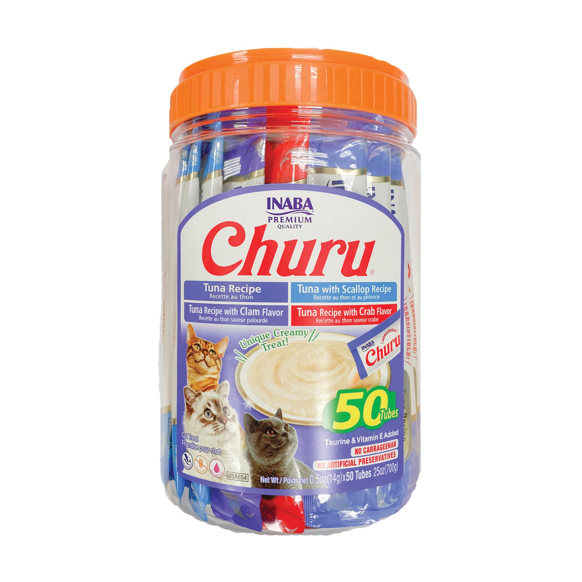 INABA Churu Cat Treats, Grain-Free, Lickable, Squeezable Creamy Purée Cat Treat/Topper with Vitamin E & Taurine, 0.5 Ounces Each Tube, 50 Tubes, Tuna & Chicken Variety