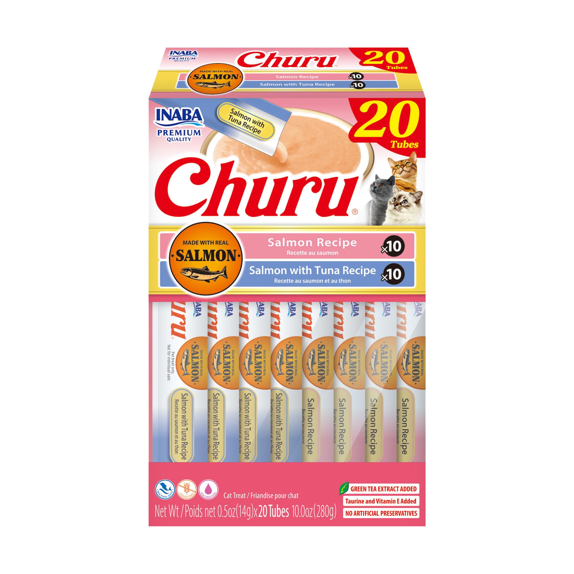 INABA Churu Cat Treats, Grain-Free, Lickable, Squeezable Creamy Purée Cat Treat/Topper with Vitamin E & Taurine, 0.5 Ounces Each Tube, 50 Tubes, Tuna & Chicken Variety