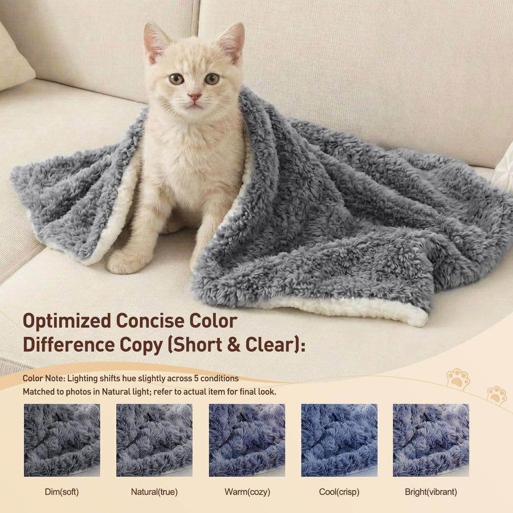 Cat Blanket for Indoor Cats - Ultra Thick 460GSM Faux Rabbit Fur & 260GSM Sherpa, Small Pet Throw for Carrier, Crate & Couch Protection, Soft Thermal Kitten Bedding, 21"x18" Grey
