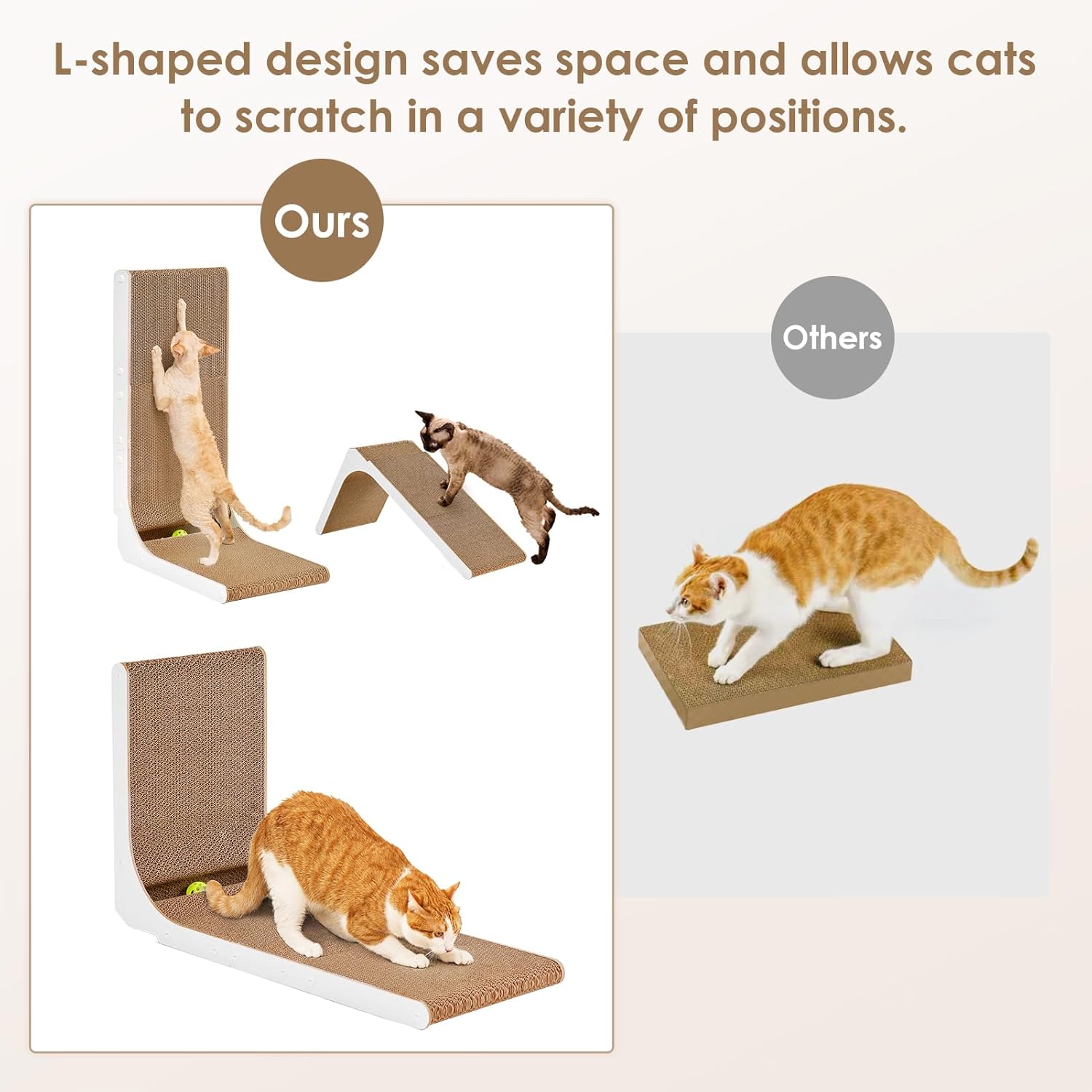 EHEYCIGA Cardboard Cat Scratcher for Indoor Cats, 26.8 Inch L Shaped Vertical Cat Scratching Board with Ball Cat Toy, Large Cat Scratcher Pad, Brown