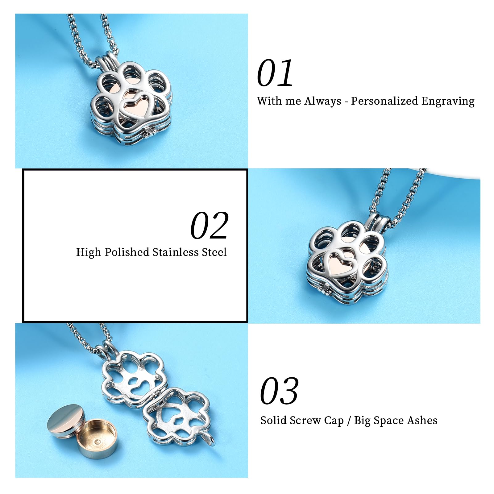 Oinsi Pet Cremation Jewelry For Ashes For Dog/Cat Paw Stainless Steel Memorial Locket Urn Necklace Inside Mini Case Keepsake Cremation Jewelry Women Men