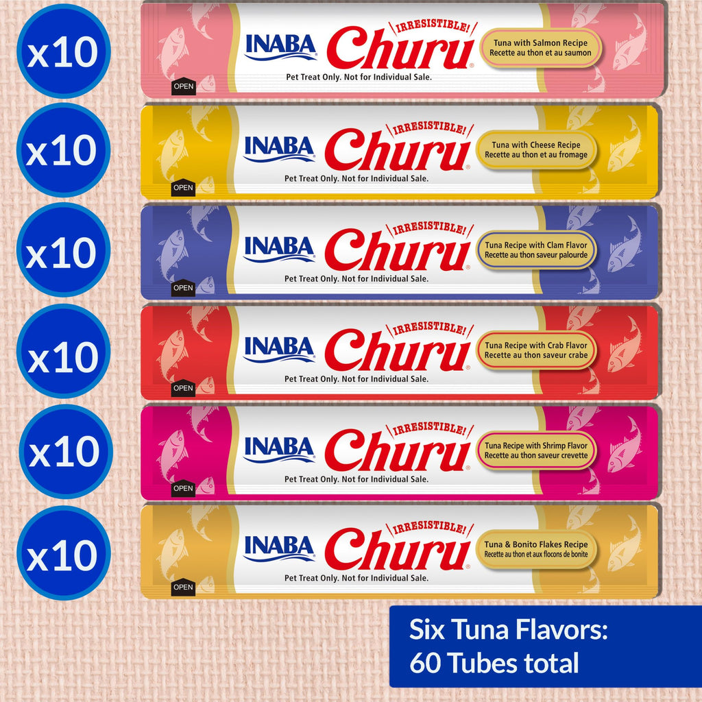 INABA Churu Cat Treats, Grain-Free, Lickable, Squeezable Creamy Purée Cat Treat/Topper with Vitamin E & Taurine, 0.5 Ounces Each Tube, 50 Tubes, Tuna & Chicken Variety