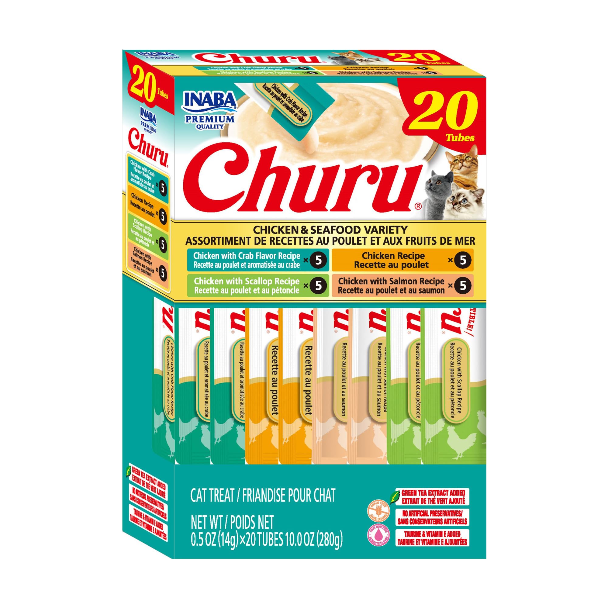 INABA Churu Cat Treats, Grain-Free, Lickable, Squeezable Creamy Purée Cat Treat/Topper with Vitamin E & Taurine, 0.5 Ounces Each Tube, 50 Tubes, Tuna & Chicken Variety