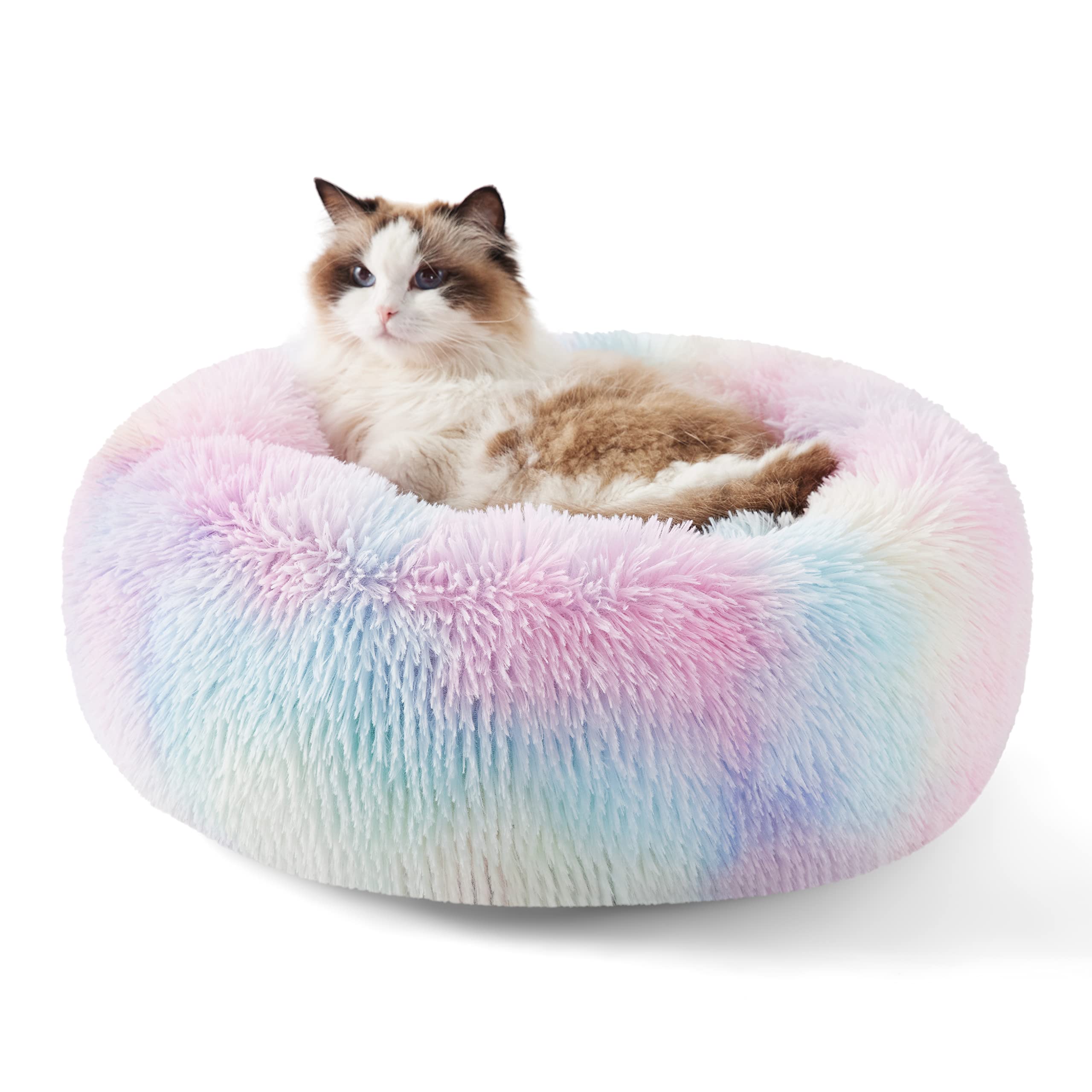 Bedsure Calming Dog Bed for Small Dogs - Donut Washable Small Puppy Bed, 23 inches Anti-Slip Round Fluffy Plush Faux Fur Large Cat Bed, Fits up to 25 lbs Pets, Camel