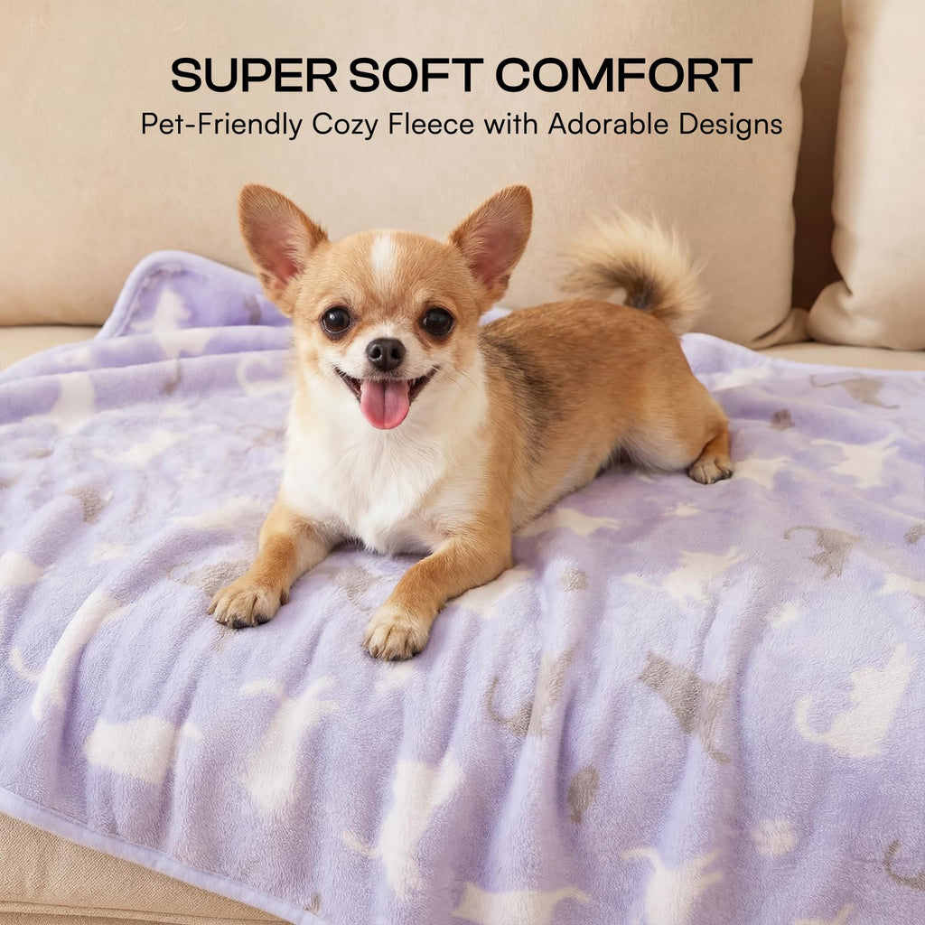 Luciphia 1 Pack 3 Cat Printed Fleece Pet Blankets Washable，Soft Warm Throw Covers for Crate Couch Bed，Cozy Puppy Essentials for Dogs and Cats，Purple/Grey/Khaki, Small (23x16 inch)