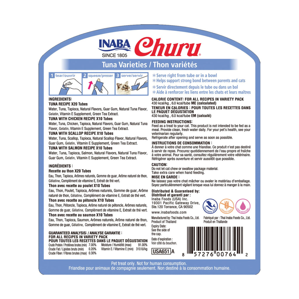 INABA Churu Cat Treats, Grain-Free, Lickable, Squeezable Creamy Purée Cat Treat/Topper with Vitamin E & Taurine, 0.5 Ounces Each Tube, 50 Tubes, Tuna & Chicken Variety