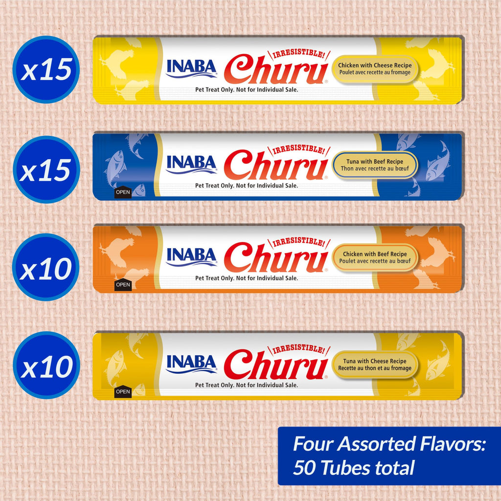 INABA Churu Cat Treats, Grain-Free, Lickable, Squeezable Creamy Purée Cat Treat/Topper with Vitamin E & Taurine, 0.5 Ounces Each Tube, 50 Tubes, Tuna & Chicken Variety