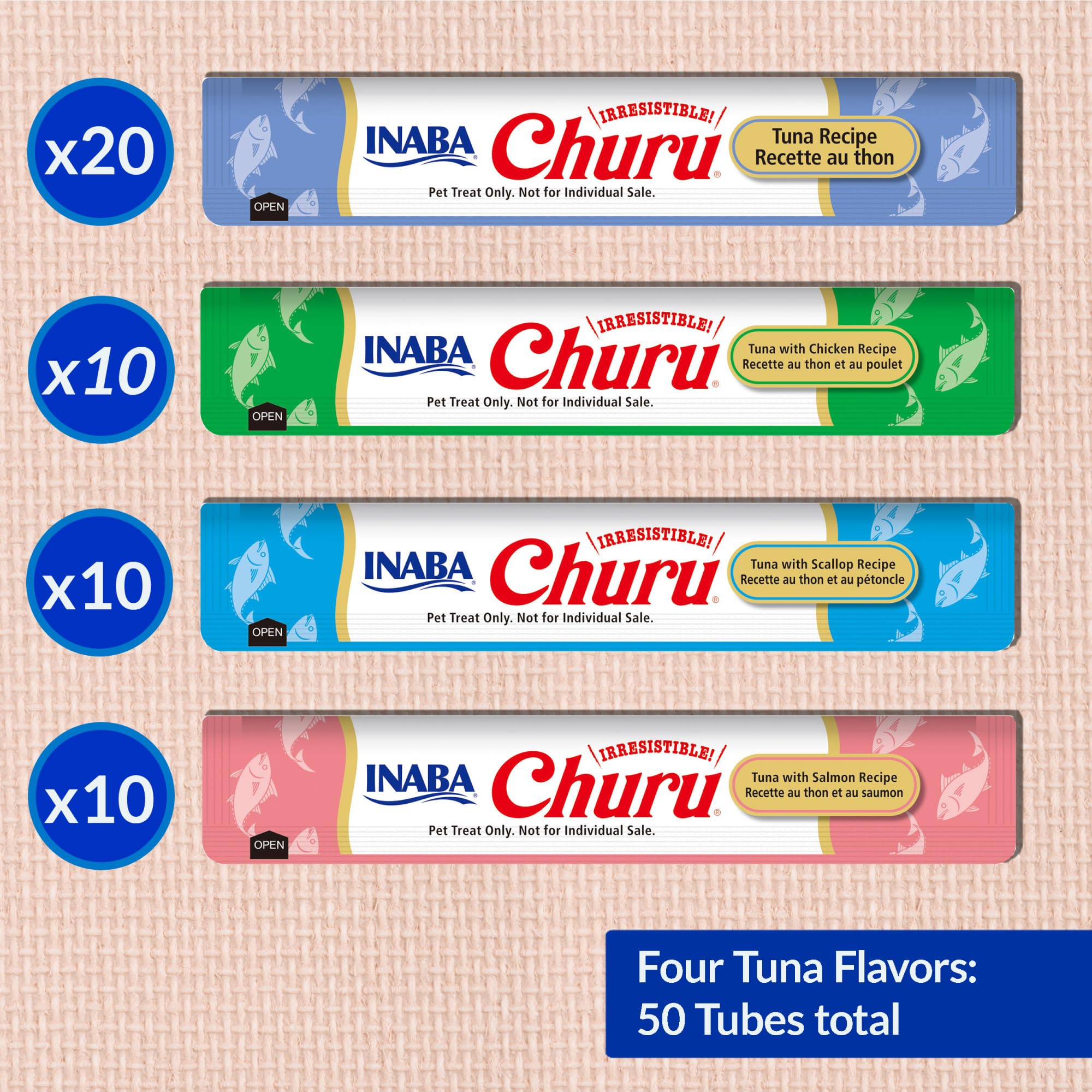 INABA Churu Cat Treats, Grain-Free, Lickable, Squeezable Creamy Purée Cat Treat/Topper with Vitamin E & Taurine, 0.5 Ounces Each Tube, 50 Tubes, Tuna & Chicken Variety