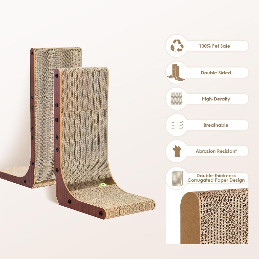 EHEYCIGA Cardboard Cat Scratcher for Indoor Cats, 26.8 Inch L Shaped Vertical Cat Scratching Board with Ball Cat Toy, Large Cat Scratcher Pad, Brown