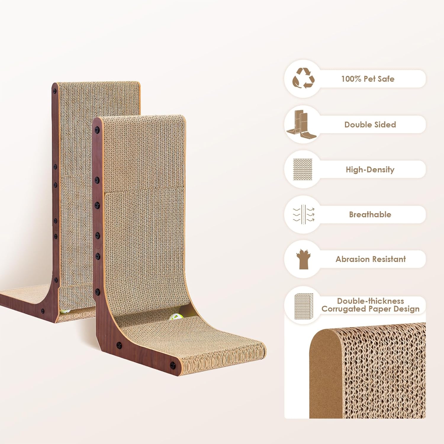 EHEYCIGA Cardboard Cat Scratcher for Indoor Cats, 26.8 Inch L Shaped Vertical Cat Scratching Board with Ball Cat Toy, Large Cat Scratcher Pad, Brown