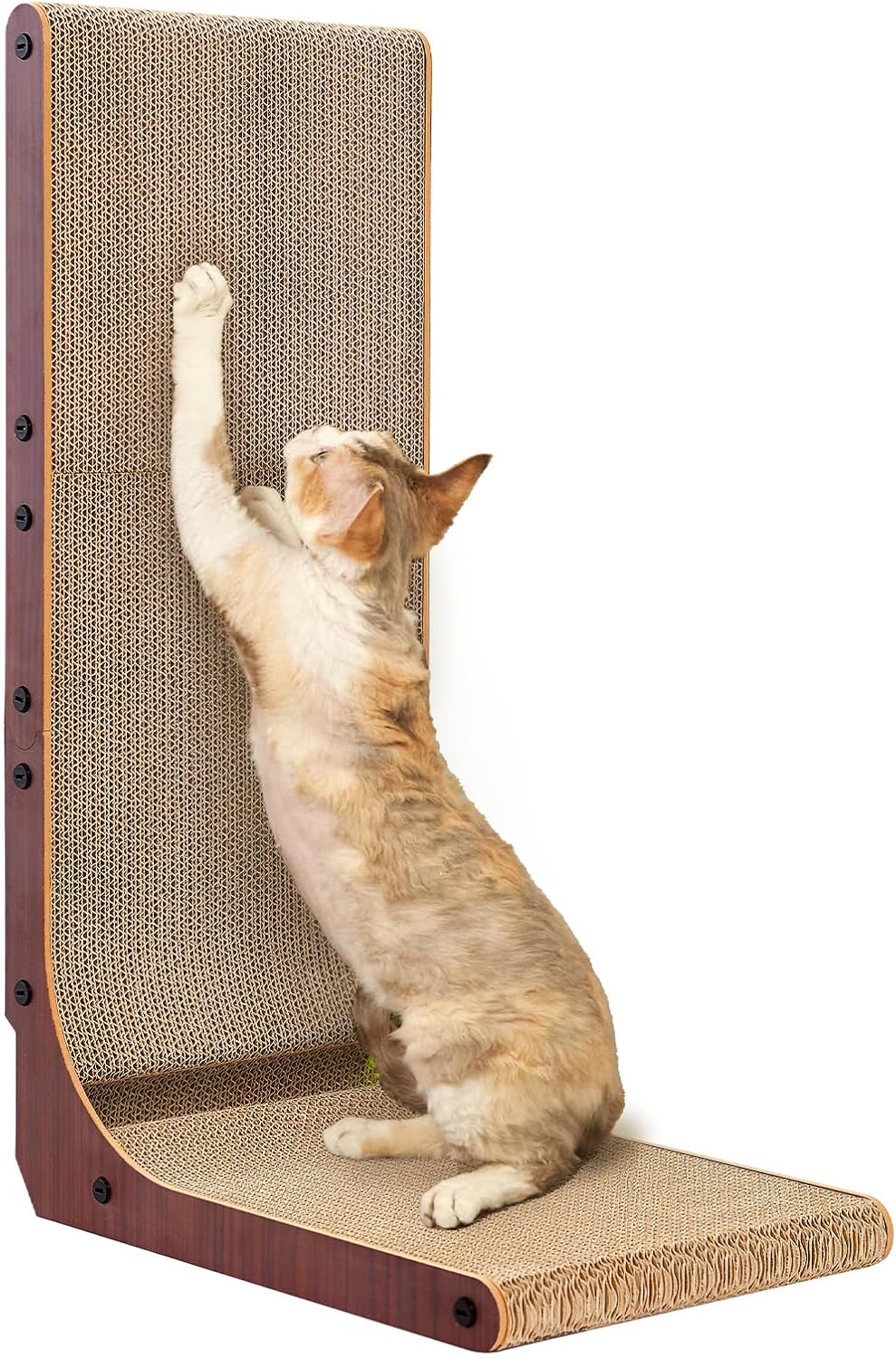 EHEYCIGA Cardboard Cat Scratcher for Indoor Cats, 26.8 Inch L Shaped Vertical Cat Scratching Board with Ball Cat Toy, Large Cat Scratcher Pad, Brown