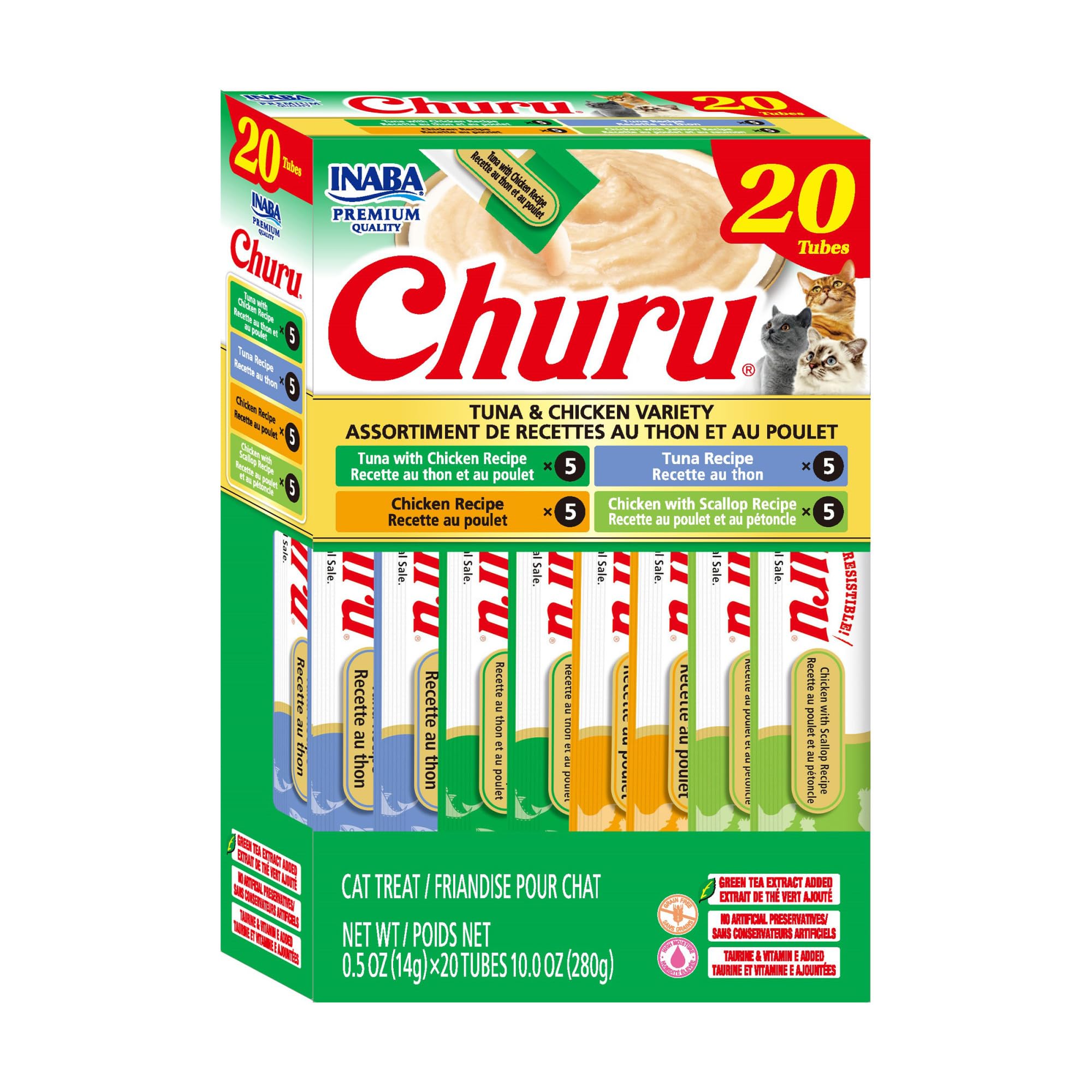 INABA Churu Cat Treats, Grain-Free, Lickable, Squeezable Creamy Purée Cat Treat/Topper with Vitamin E & Taurine, 0.5 Ounces Each Tube, 50 Tubes, Tuna & Chicken Variety
