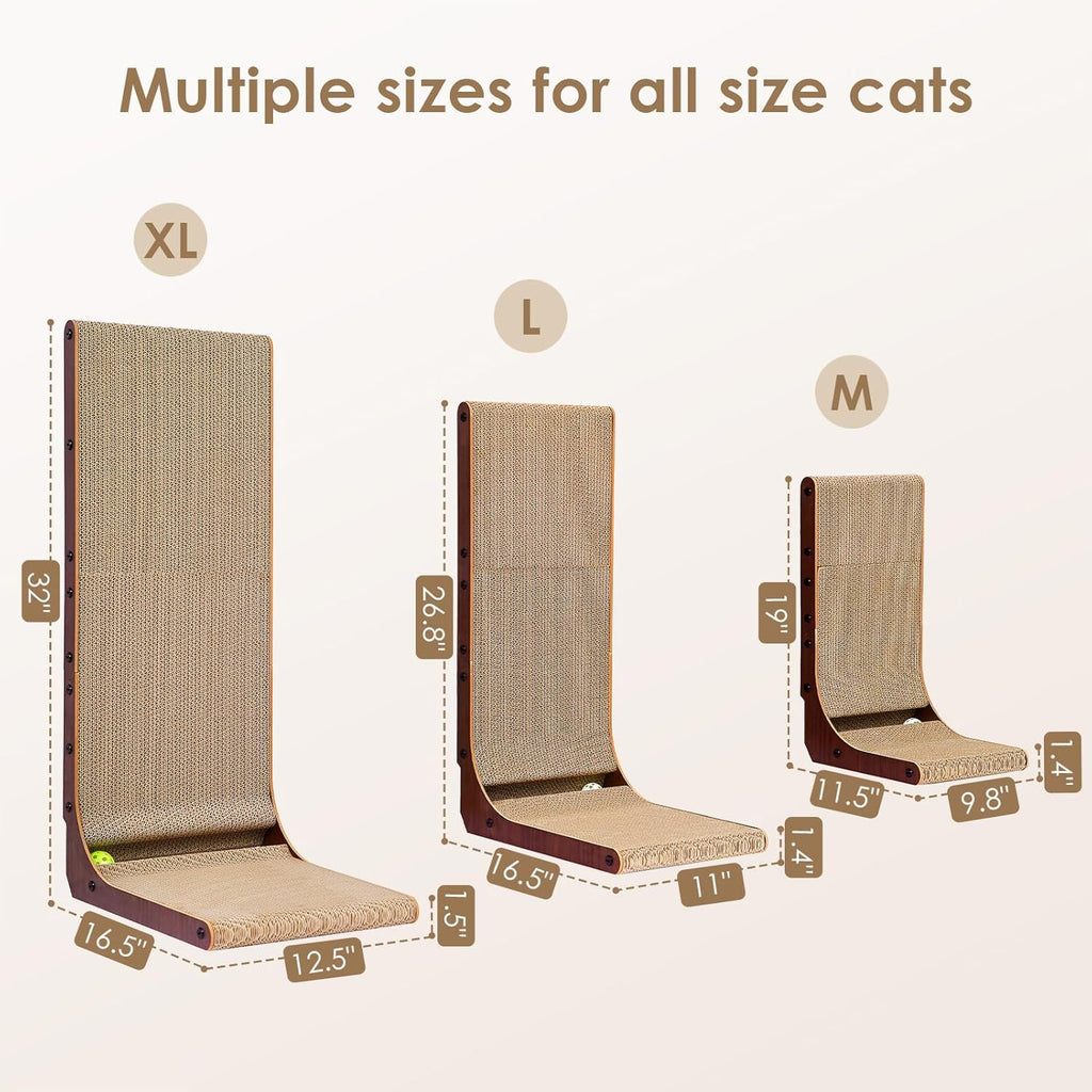 EHEYCIGA Cardboard Cat Scratcher for Indoor Cats, 26.8 Inch L Shaped Vertical Cat Scratching Board with Ball Cat Toy, Large Cat Scratcher Pad, Brown