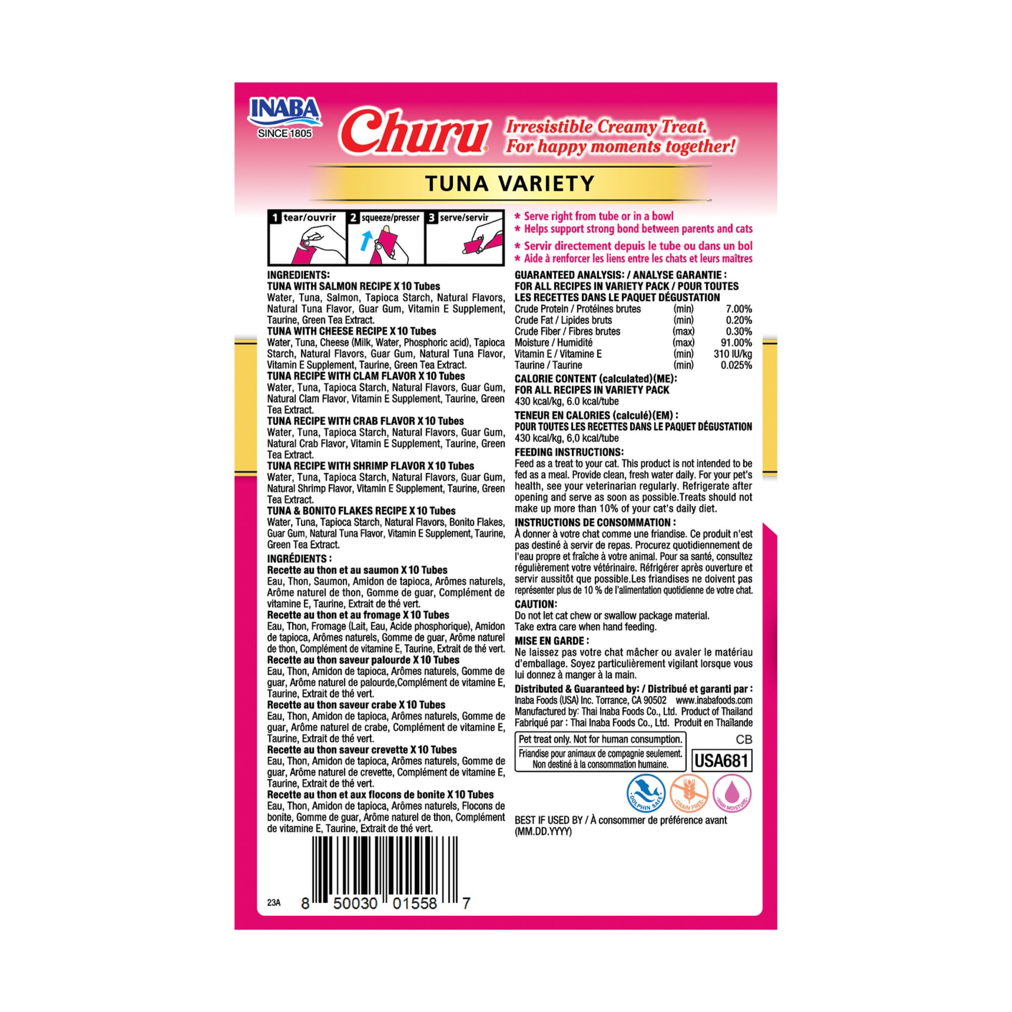 INABA Churu Cat Treats, Grain-Free, Lickable, Squeezable Creamy Purée Cat Treat/Topper with Vitamin E & Taurine, 0.5 Ounces Each Tube, 50 Tubes, Tuna & Chicken Variety