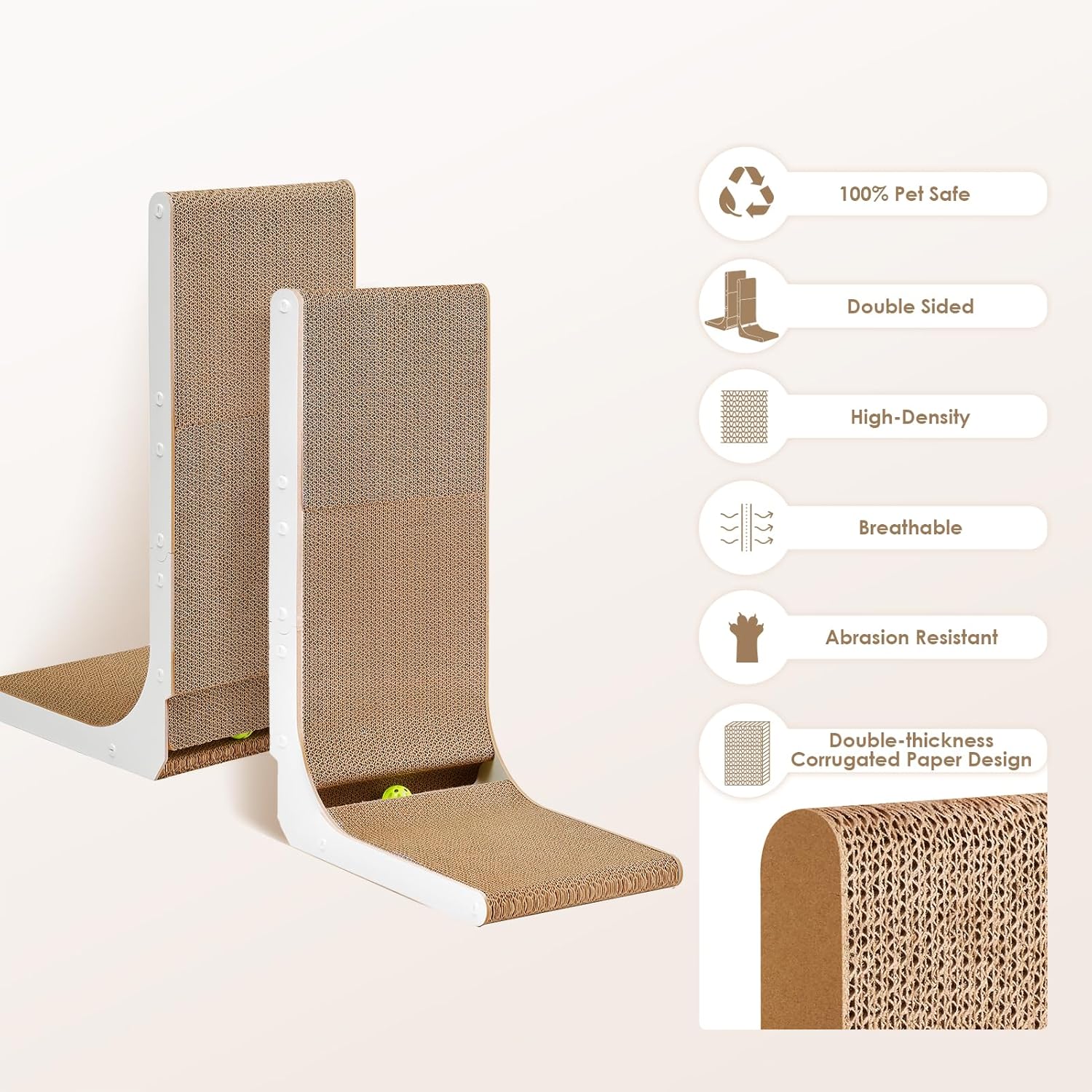 EHEYCIGA Cardboard Cat Scratcher for Indoor Cats, 26.8 Inch L Shaped Vertical Cat Scratching Board with Ball Cat Toy, Large Cat Scratcher Pad, Brown