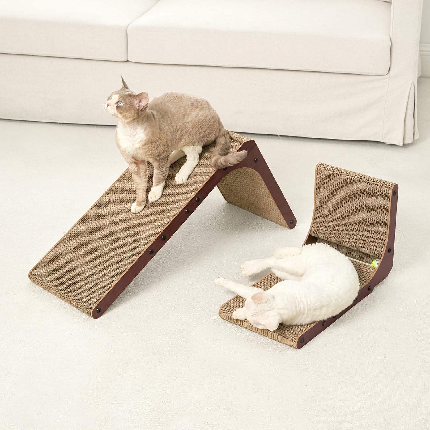 EHEYCIGA Cardboard Cat Scratcher for Indoor Cats, 26.8 Inch L Shaped Vertical Cat Scratching Board with Ball Cat Toy, Large Cat Scratcher Pad, Brown