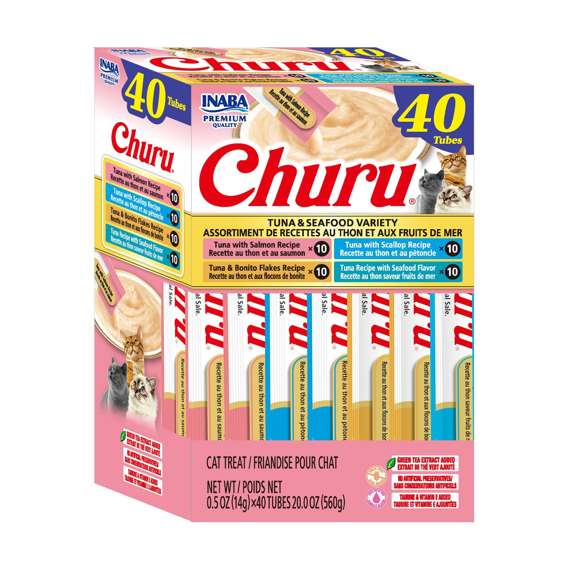 INABA Churu Cat Treats, Grain-Free, Lickable, Squeezable Creamy Purée Cat Treat/Topper with Vitamin E & Taurine, 0.5 Ounces Each Tube, 50 Tubes, Tuna & Chicken Variety