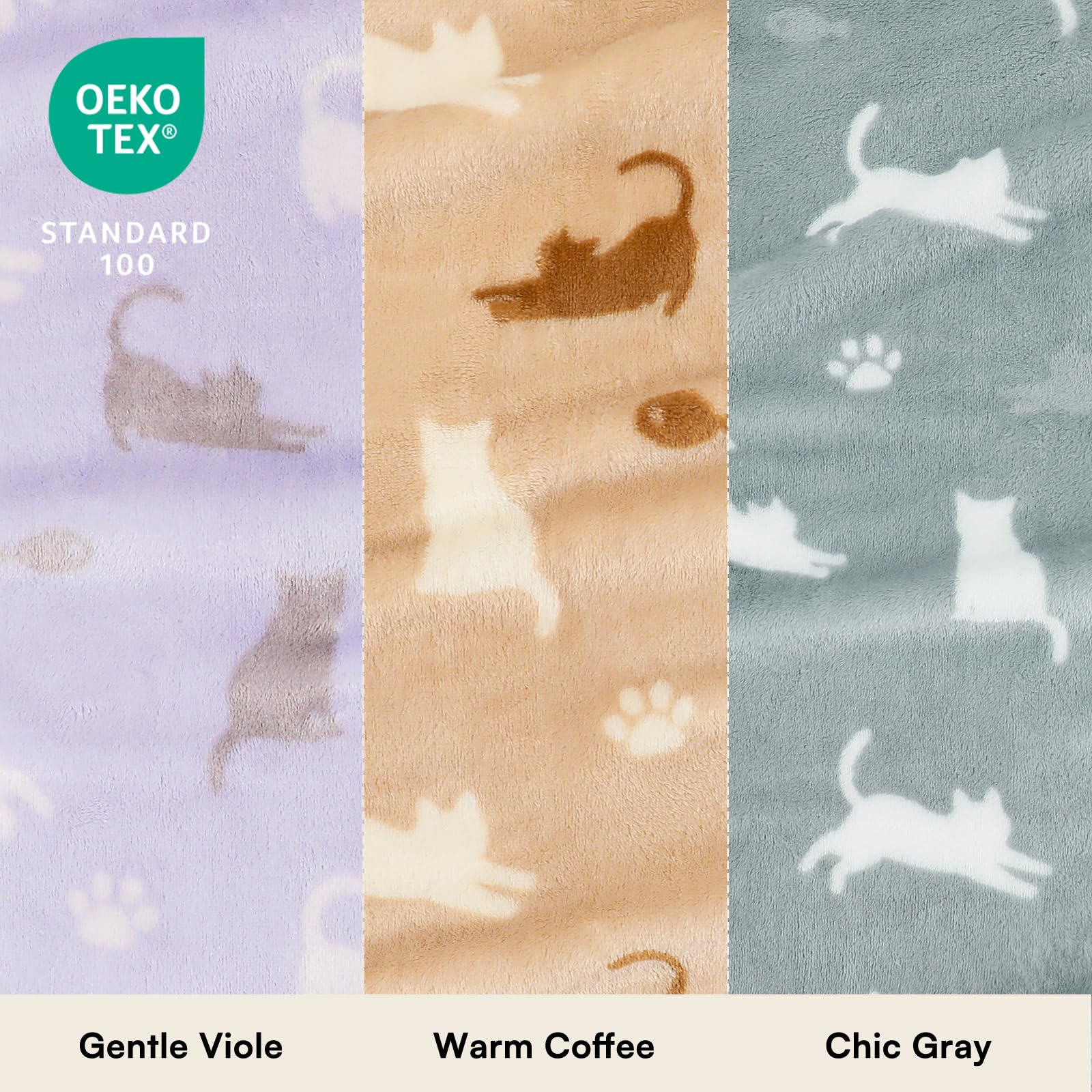Luciphia 1 Pack 3 Cat Printed Fleece Pet Blankets Washable，Soft Warm Throw Covers for Crate Couch Bed，Cozy Puppy Essentials for Dogs and Cats，Purple/Grey/Khaki, Small (23x16 inch)