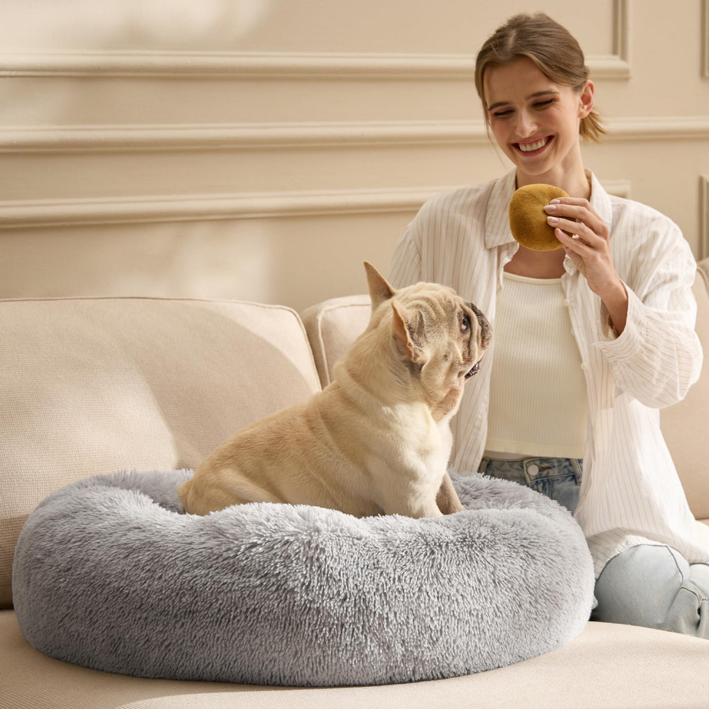 Bedsure Calming Dog Bed for Small Dogs - Donut Washable Small Puppy Bed, 23 inches Anti-Slip Round Fluffy Plush Faux Fur Large Cat Bed, Fits up to 25 lbs Pets, Camel