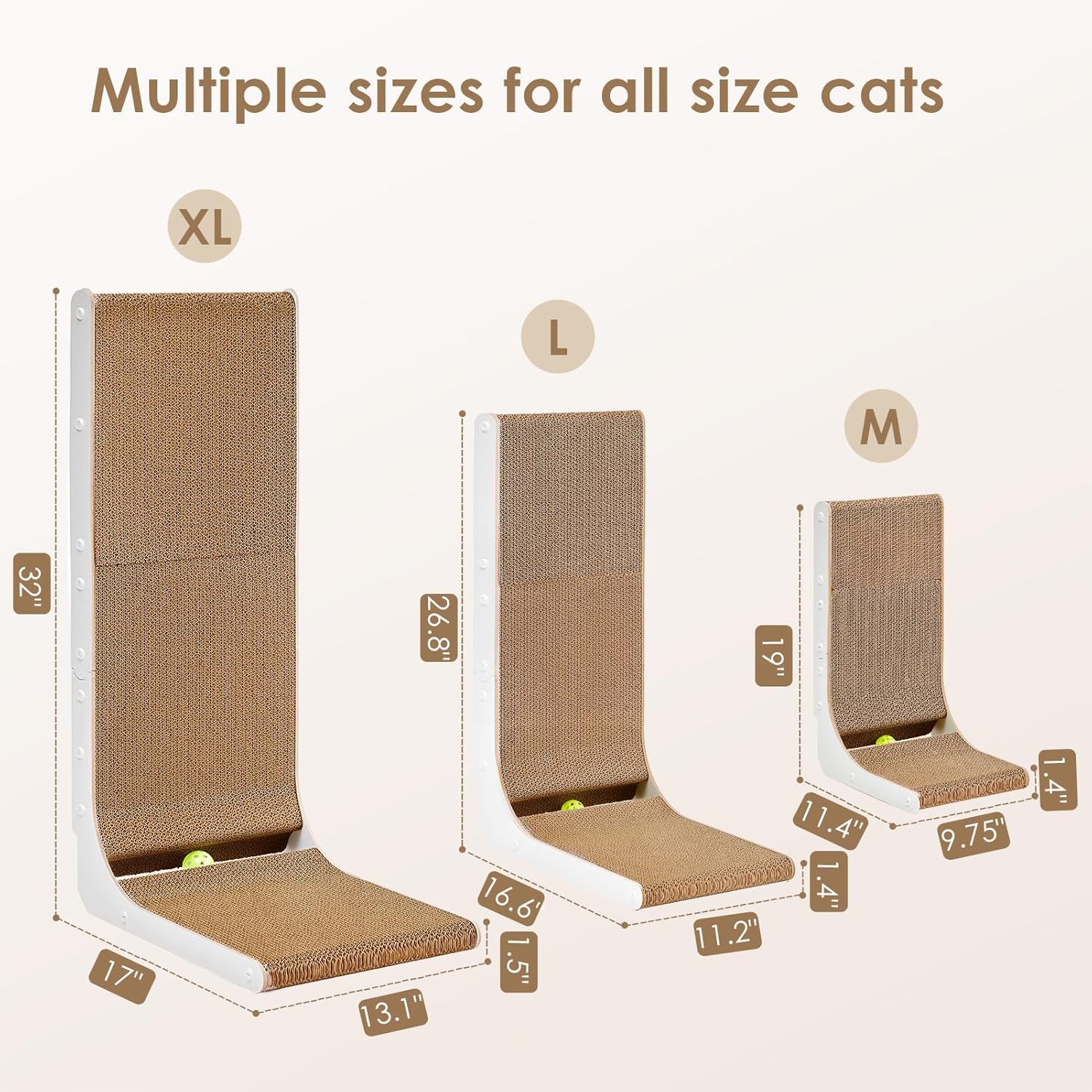 EHEYCIGA Cardboard Cat Scratcher for Indoor Cats, 26.8 Inch L Shaped Vertical Cat Scratching Board with Ball Cat Toy, Large Cat Scratcher Pad, Brown