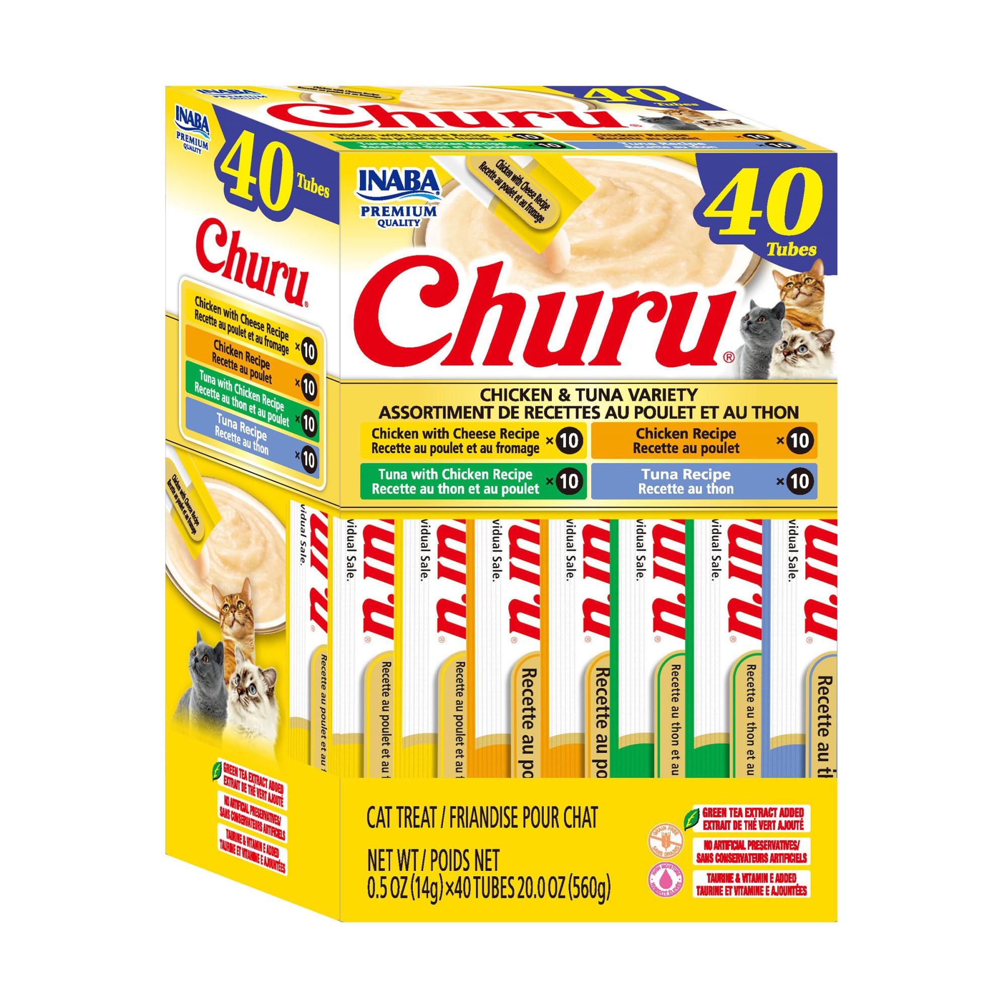 INABA Churu Cat Treats, Grain-Free, Lickable, Squeezable Creamy Purée Cat Treat/Topper with Vitamin E & Taurine, 0.5 Ounces Each Tube, 50 Tubes, Tuna & Chicken Variety
